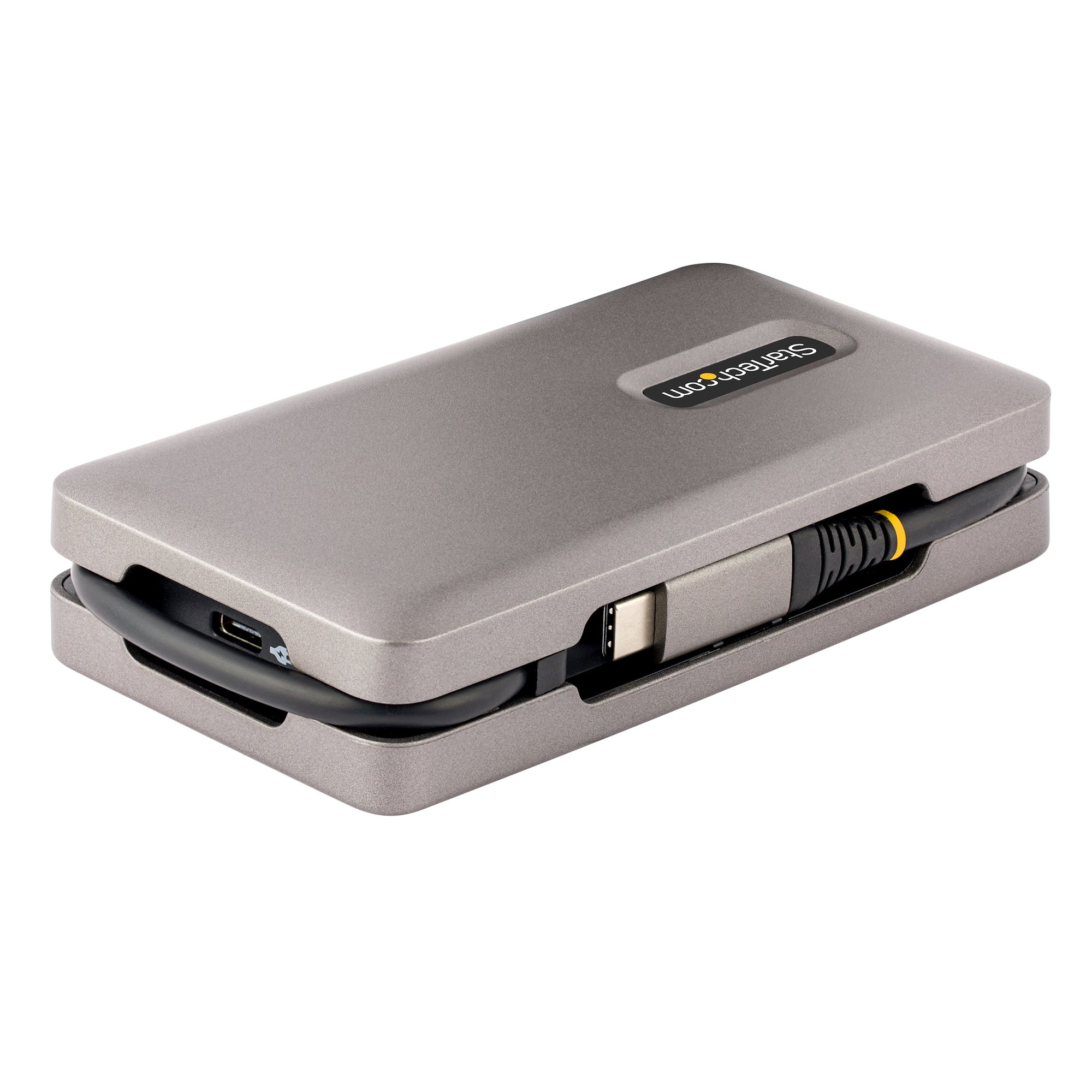 Una carcasa externa gris de StarTech.com con un cable USB-C. La carcasa está abierta, revelando el cable.