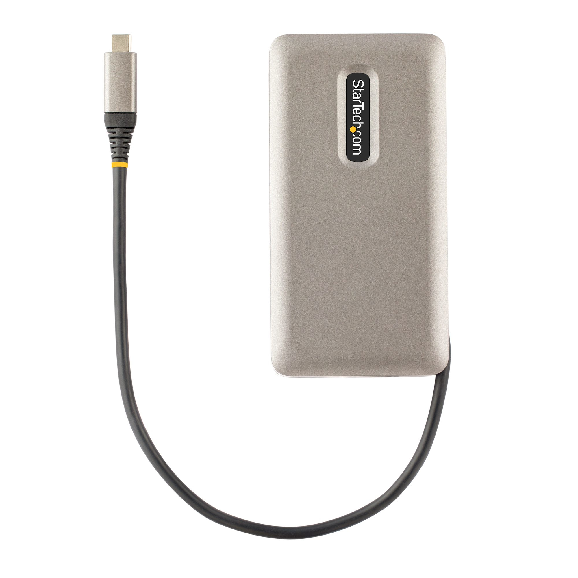 Un adaptador plateado StarTech con cable negro. Está sobre fondo blanco. El nombre de la marca es visible en el adaptador.
