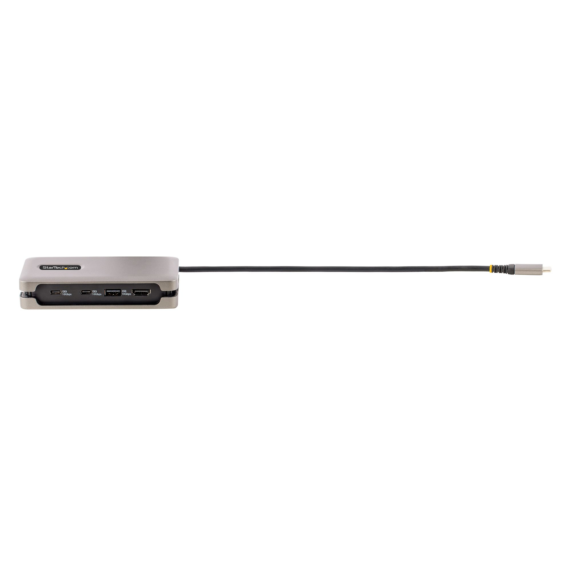 Un concentrador StarTech plateado con cable negro y conector USB-C sobre fondo blanco.