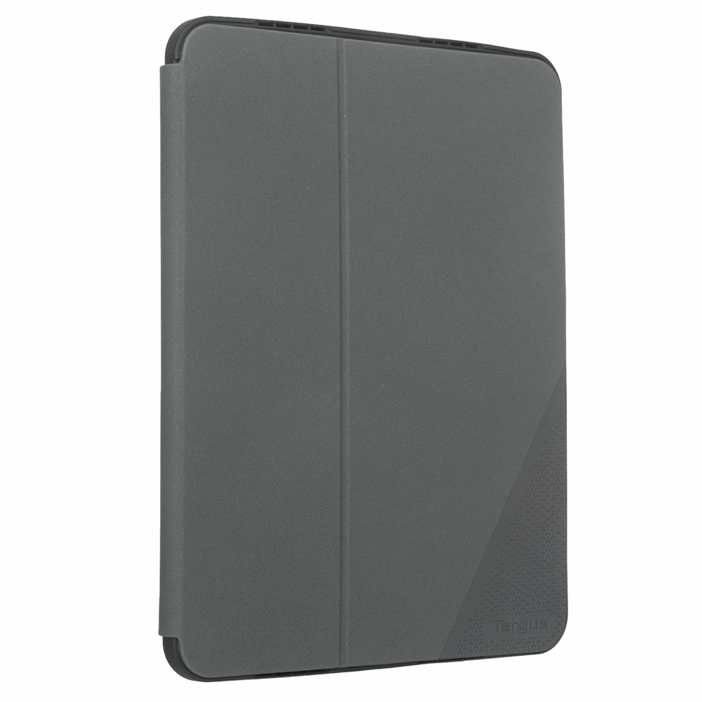 Se muestra una funda gris para tableta Targus. La funda está cerrada, con una superficie texturizada y un borde negro. El logotipo de Targus es visible.