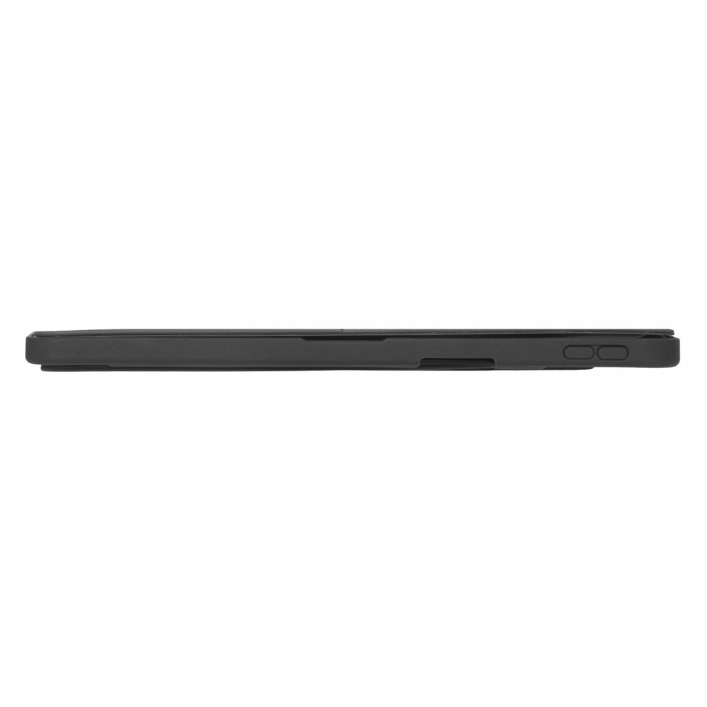 Vista lateral de un objeto rectangular negro, posiblemente una funda de teléfono, sobre un fondo blanco. Tiene botones laterales.
