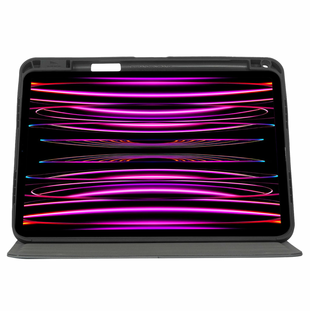 Tableta en una funda negra con rastros de luz morada y rosa en la pantalla. La funda está abierta y es gris en la parte inferior.