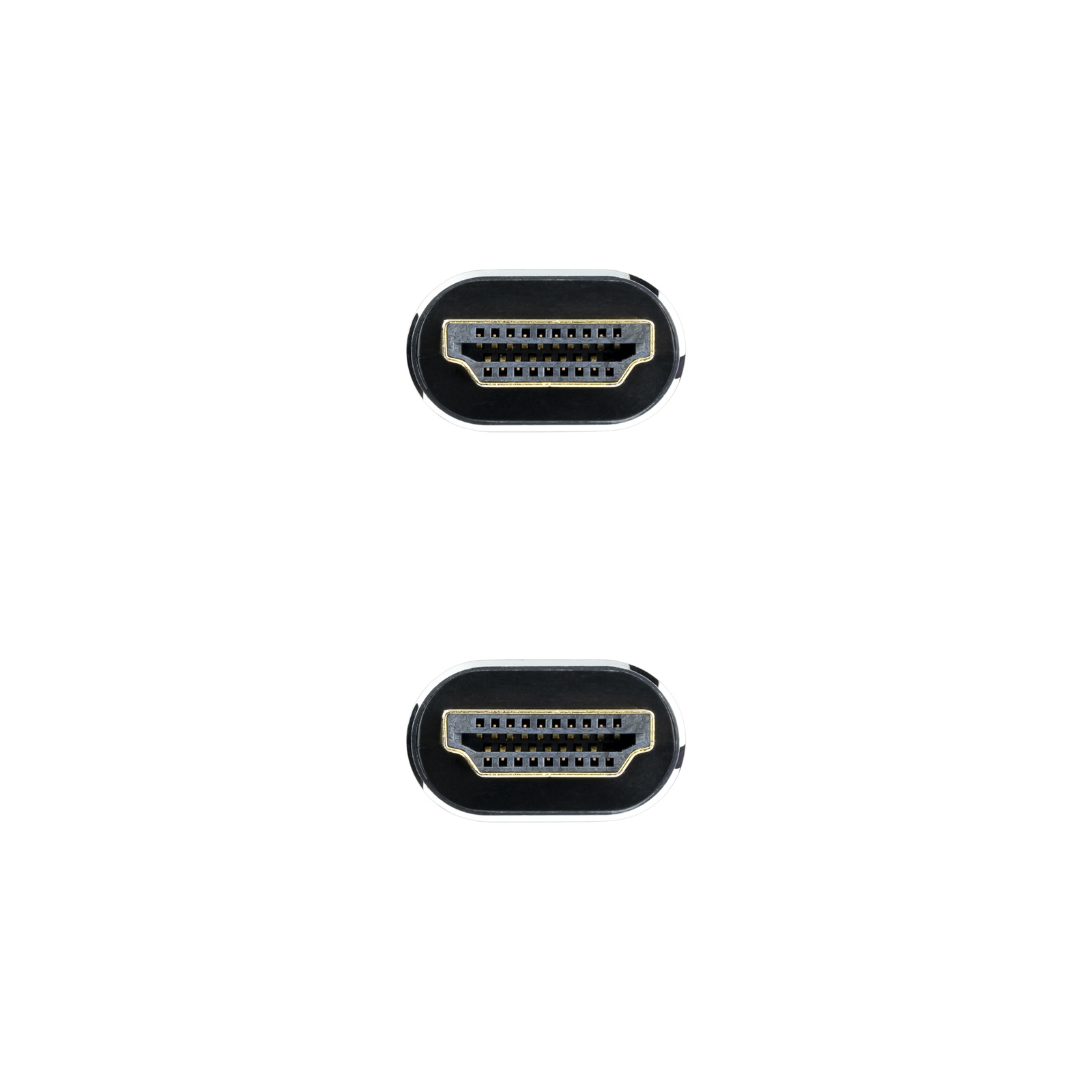 Dos conectores HDMI, negro y dorado, alineados verticalmente sobre un fondo blanco.