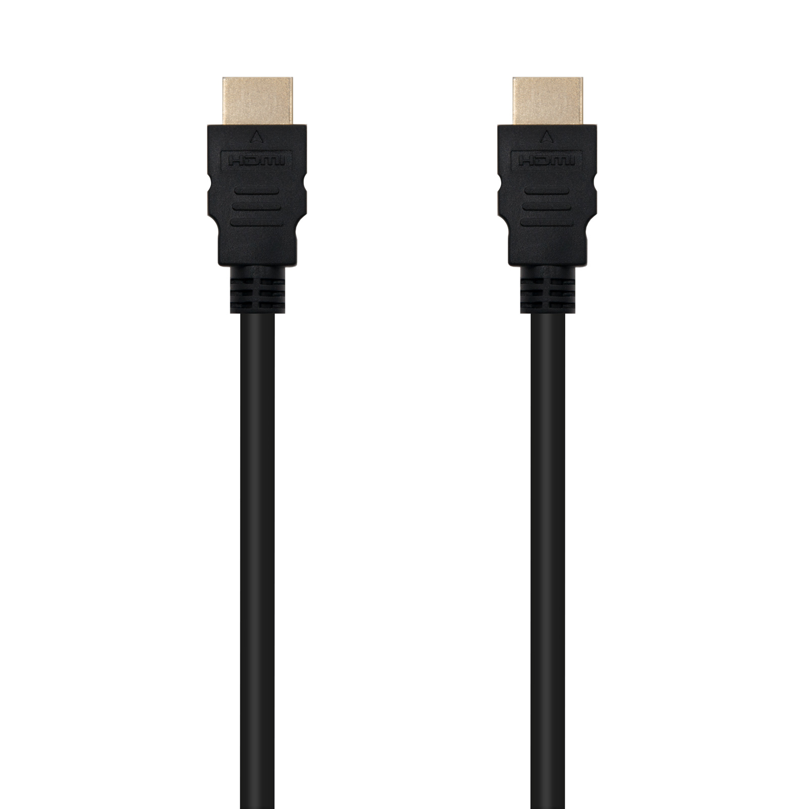 Dos cables HDMI negros con conectores dorados sobre fondo blanco. Cada cable es vertical.