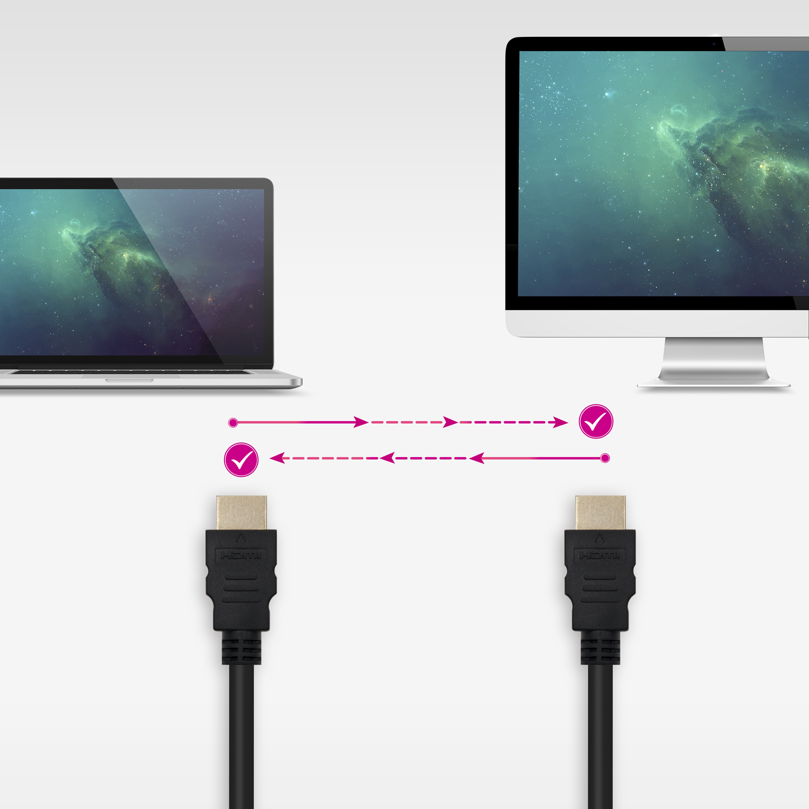 La imagen muestra una laptop y un monitor conectados por cables HDMI, con flechas que indican el flujo de datos.