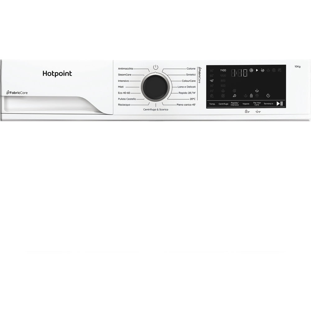 Pannello comandi bianco lavatrice Hotpoint con varie impostazioni e display digitale che mostra l'ora.