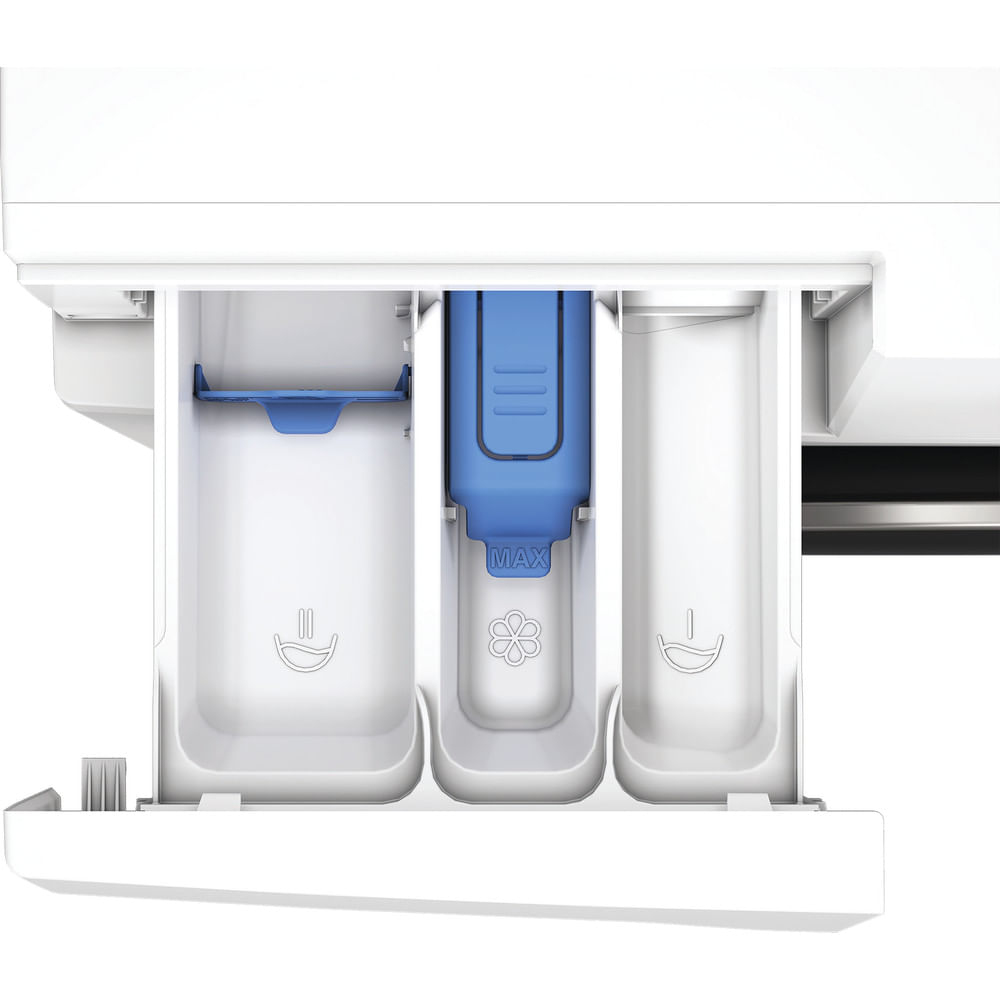 Primo piano di un dispenser di detersivo bianco con tre scomparti. Quello centrale è blu, con la scritta 'MAX'.