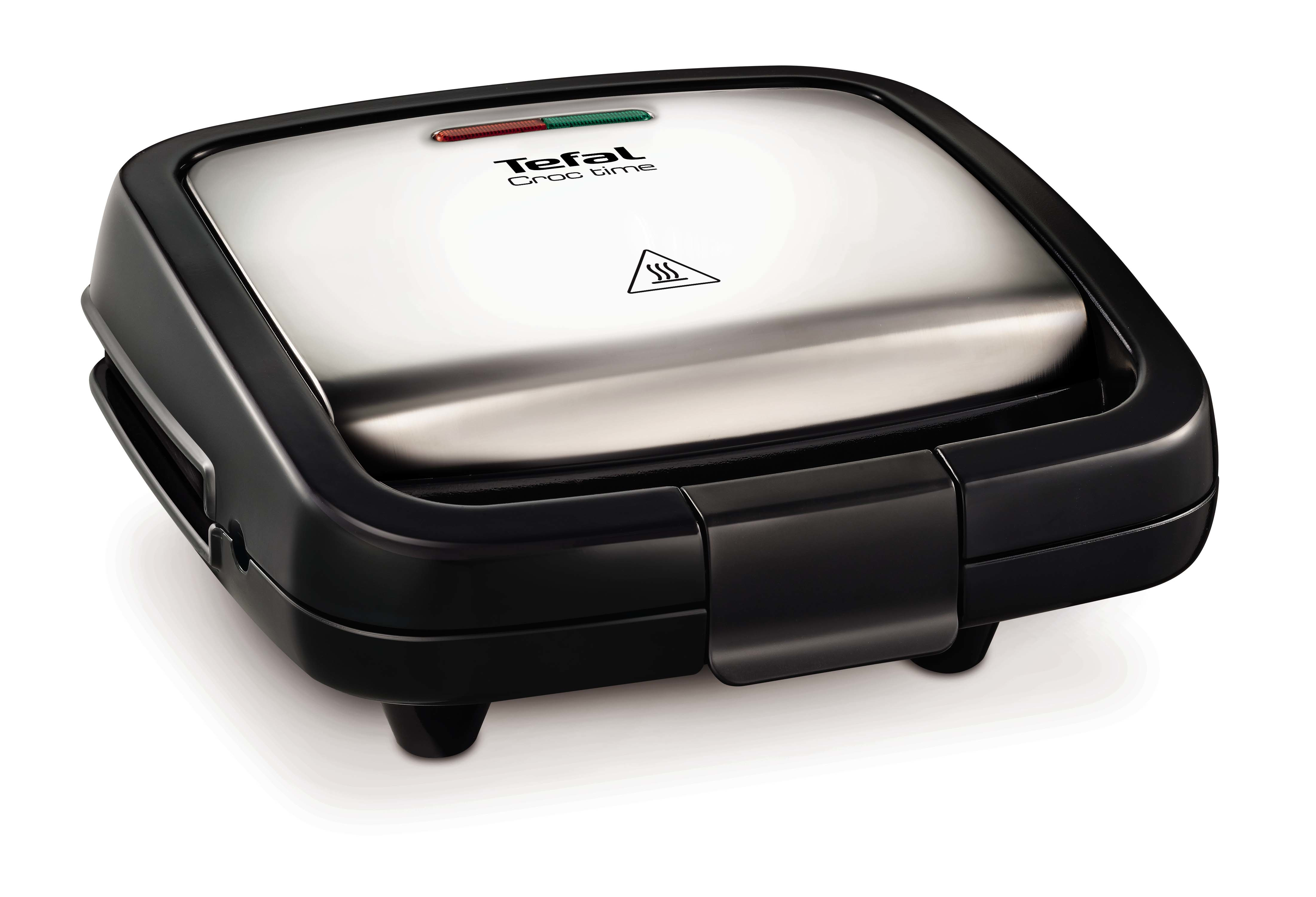 Una macchina per waffle Tefal Choc Time nera e argentata su una superficie bianca.