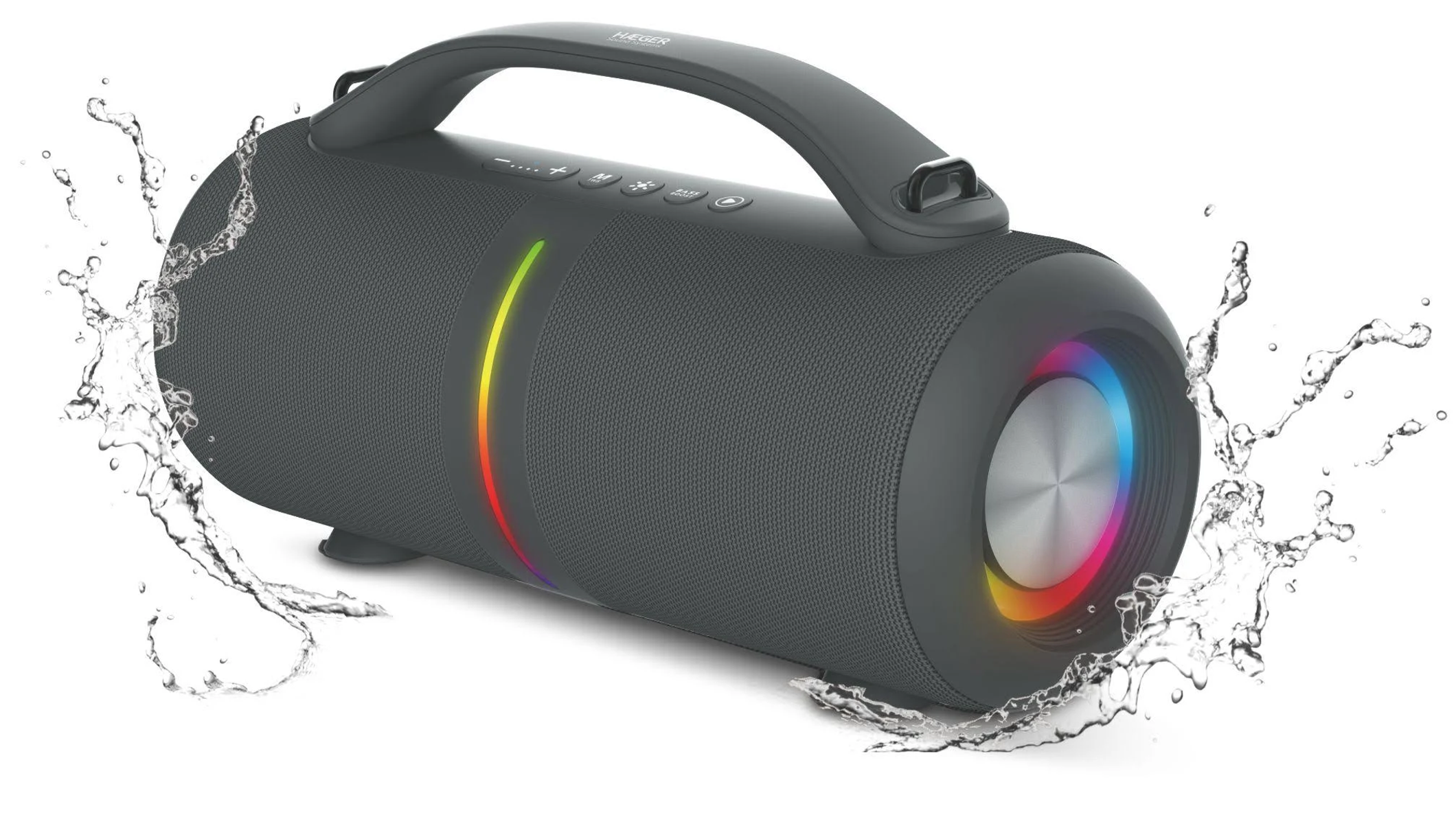 Szary głośnik z uchwytem, kolorowymi światłami i rozpryskami wody. Głośnik ma markę Haeger.