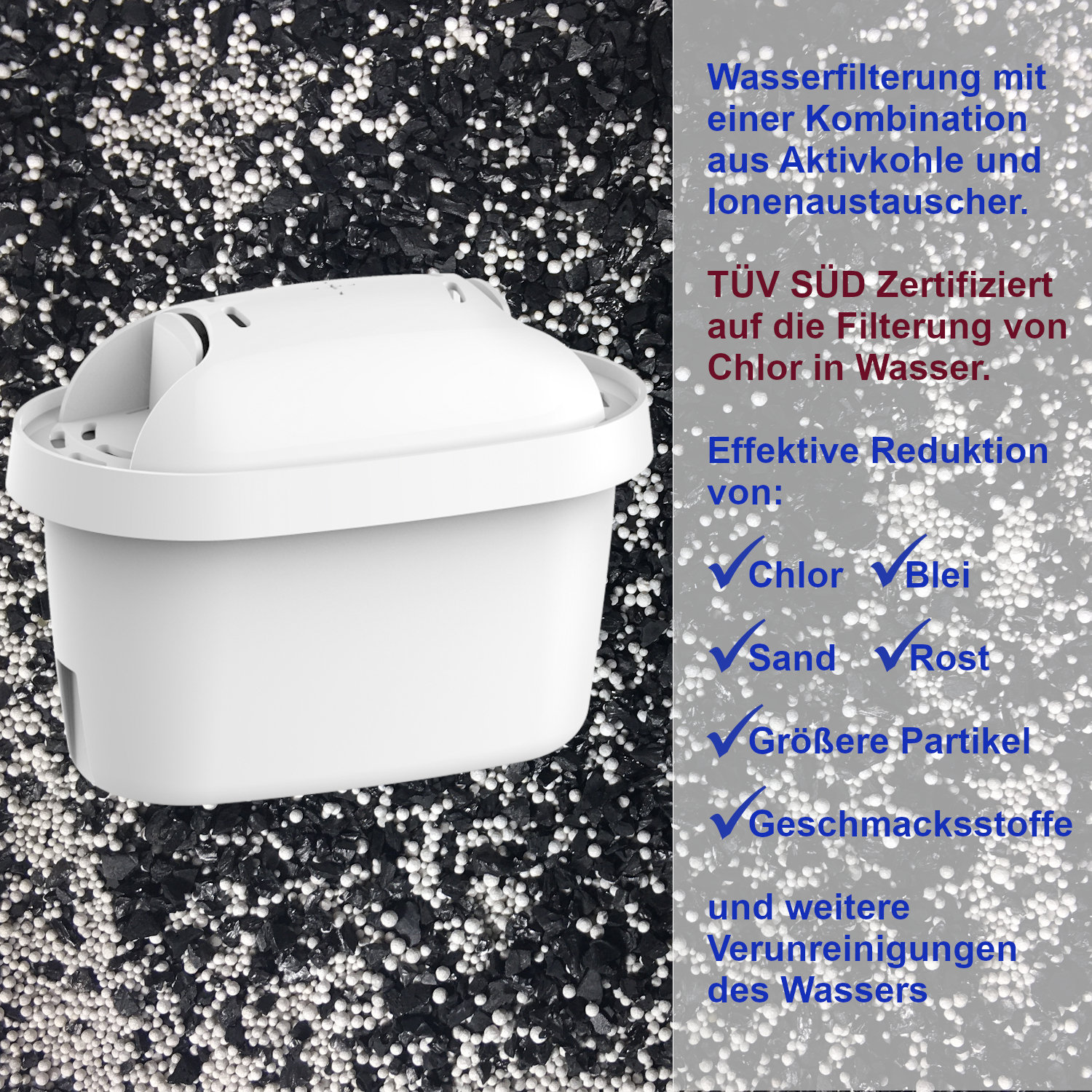 Ein weißer Wasserfilter liegt auf einem Bett aus schwarzen und weißen Partikeln. Textdetails zur Wasserfilterung und entfernten Verunreinigungen.