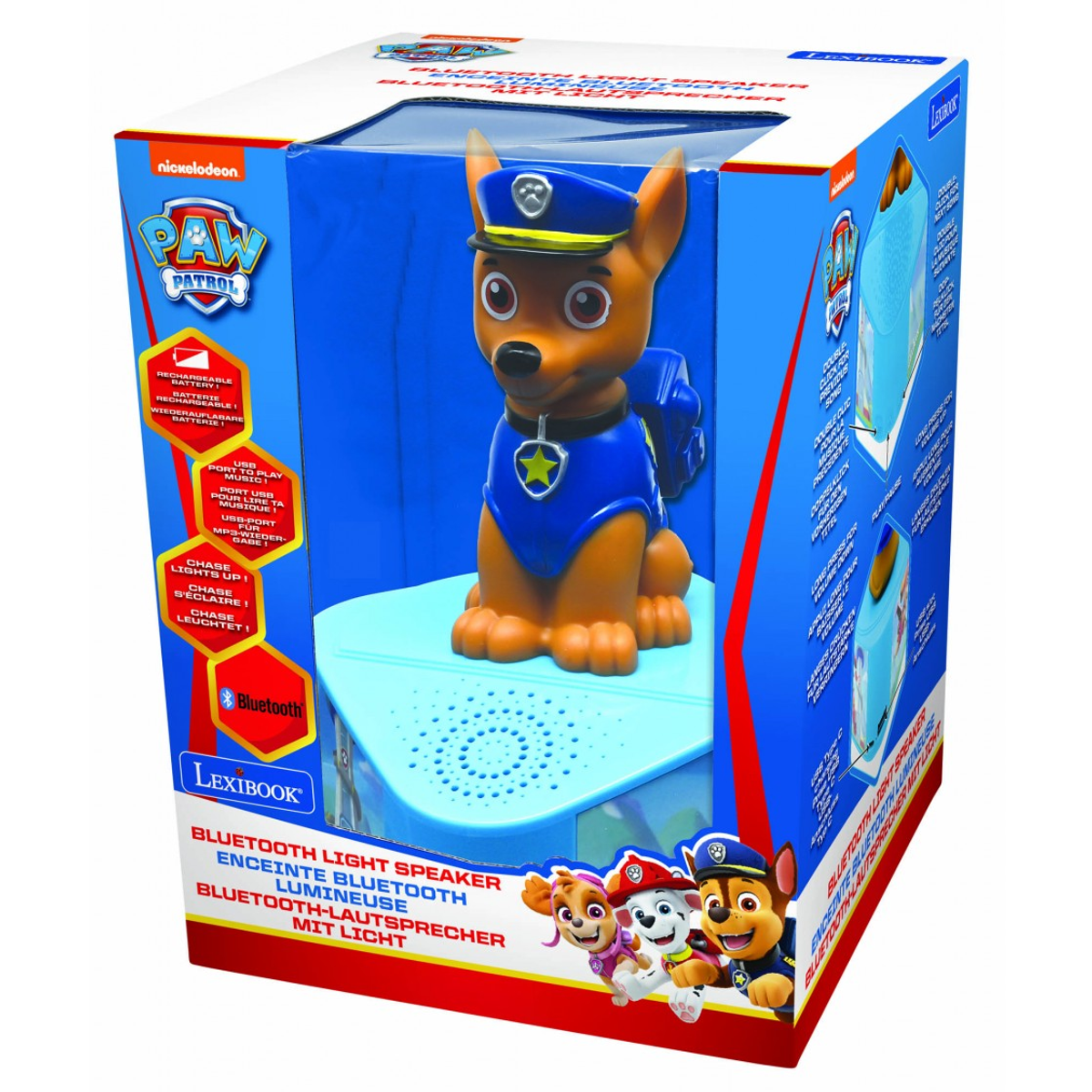 Un altoparlante Paw Patrol Chase è in una scatola. È blu, con una stella. La scatola ha testo in più lingue.