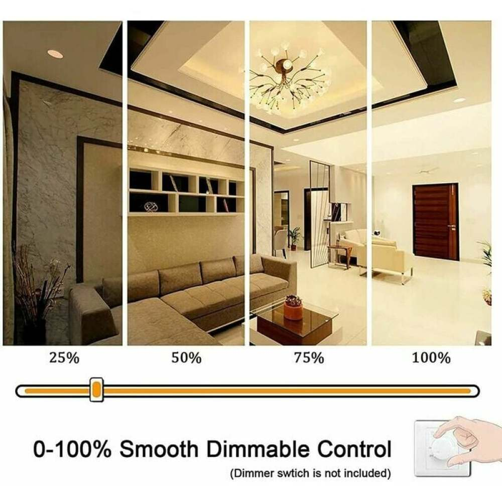 Das Bild zeigt einen Raum mit unterschiedlichen Lichtintensitäten, die mit 25 % bis 100 % gekennzeichnet sind. Ein Dimmschalter ist mit dem Text '0-100% Smooth Dimmable Control' versehen.