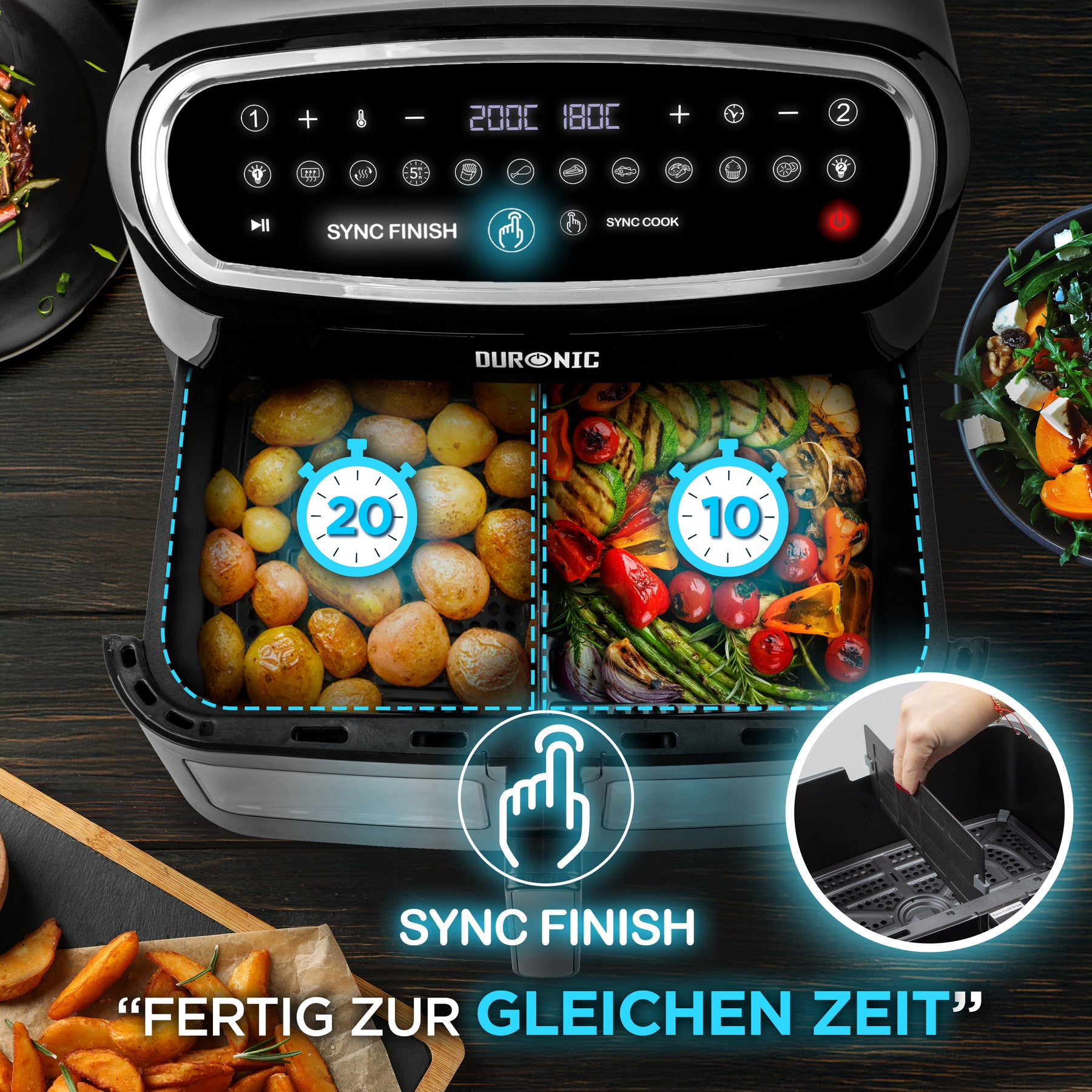 Eine Heißluftfritteuse mit Essen, das die Garzeiten anzeigt. Kartoffeln und Gemüse sind sichtbar. Sync Finish wird hervorgehoben.