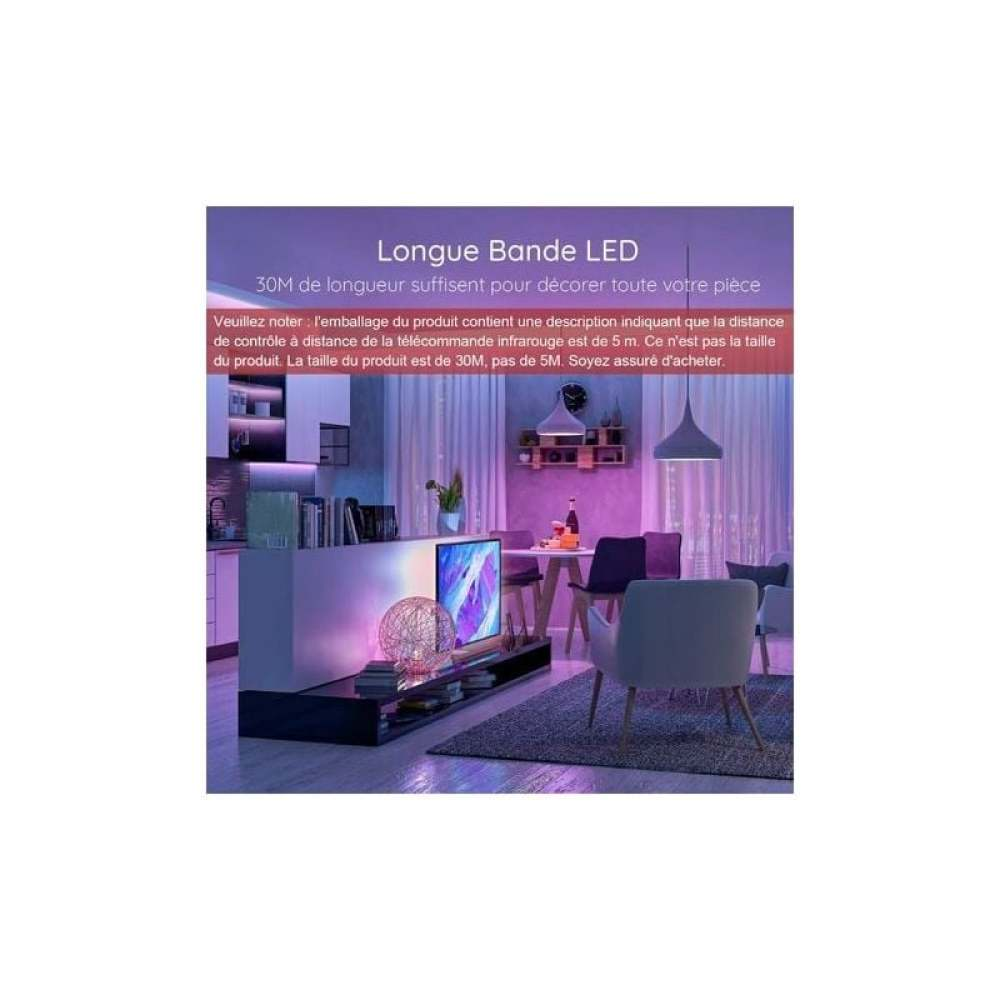 Ein Raum mit LED-Leuchten. Ein Fernseher, Tisch, Stühle und Regale sind sichtbar. Die Szene hat eine lila und blaue Farbgebung.