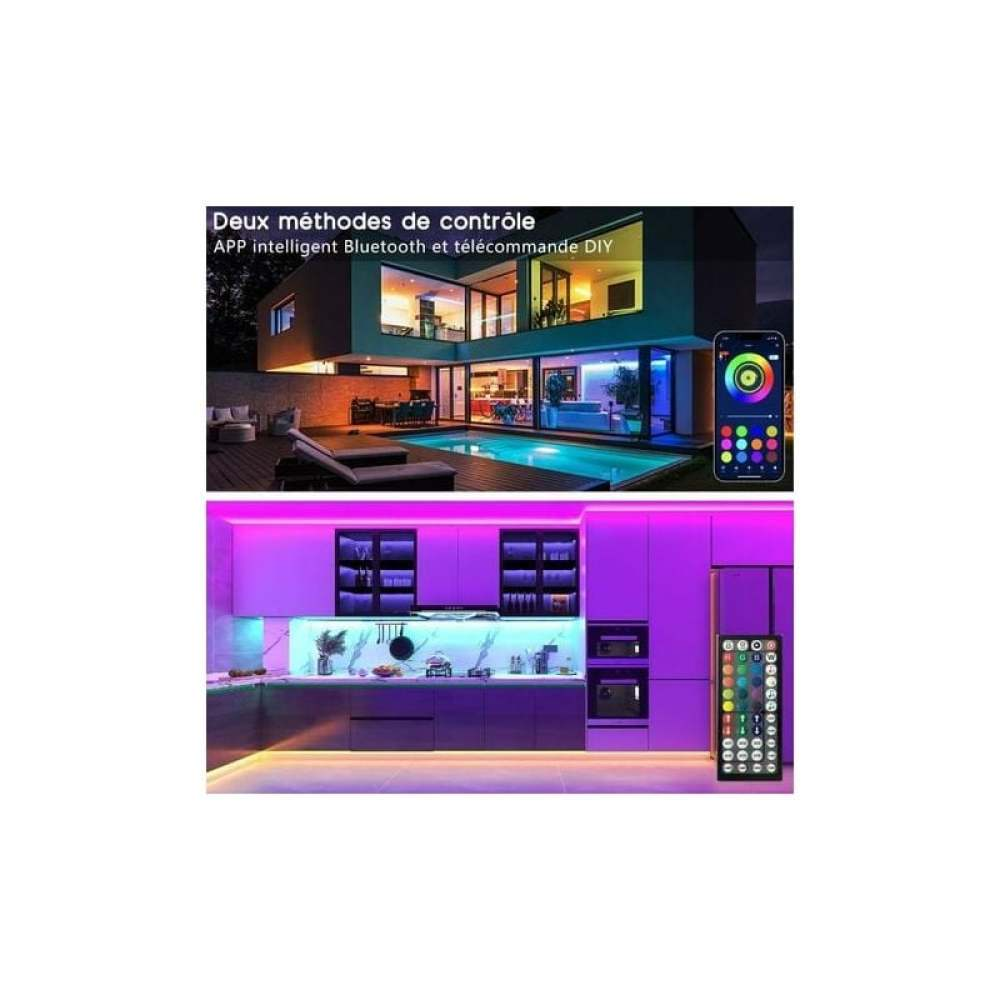 Das Bild zeigt zwei Szenen: ein modernes Haus mit Pool und eine Küche, beide mit LED-Streifen beleuchtet und per Telefon und Fernbedienung gesteuert.