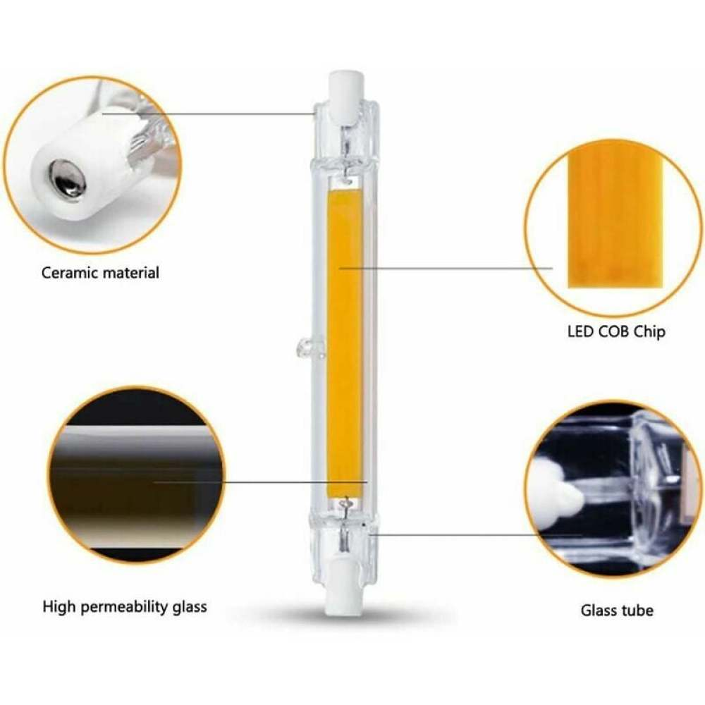 Diagramm einer LED-Lampe mit beschrifteten Komponenten: Keramikmaterial, LED-COB-Chip, hochpermeables Glas und Glasröhre.