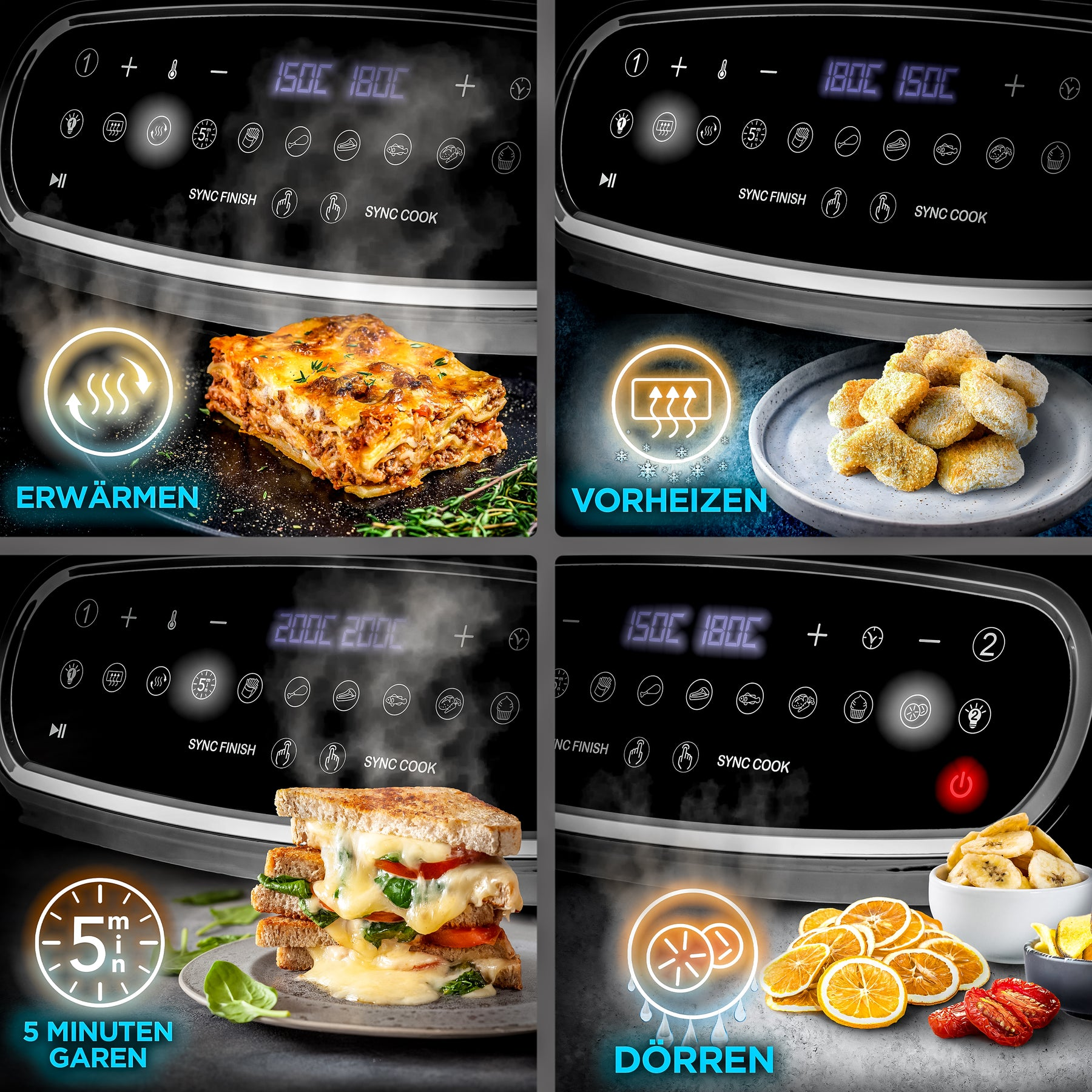 Eine Heißluftfritteuse mit Optionen: Lasagne, Nuggets, ein Sandwich und Trockenfrüchte, mit verschiedenen Einstellungen.