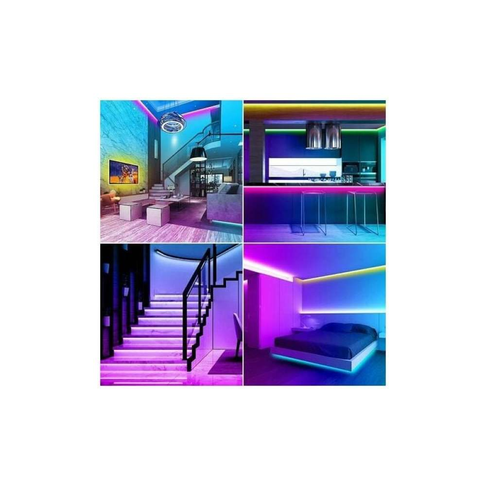 Vier Innenaufnahmen mit LED-Beleuchtung. Szenen umfassen ein Wohnzimmer, eine Küche, eine Treppe und ein Schlafzimmer, alle mit bunten Lichtern.