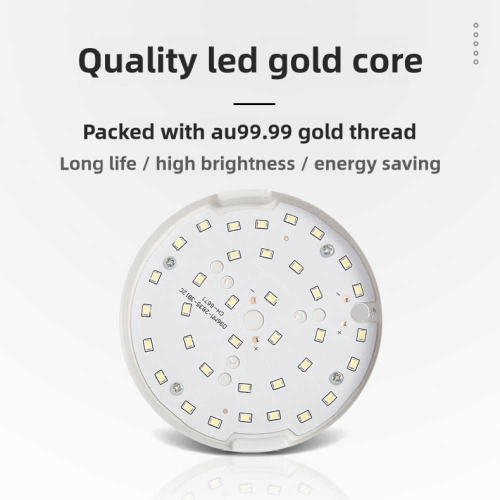 Ein weißer LED-Lichtkern mit Goldelementen und kleinen gelben Quadraten. Oben steht: 'Quality led gold core'.