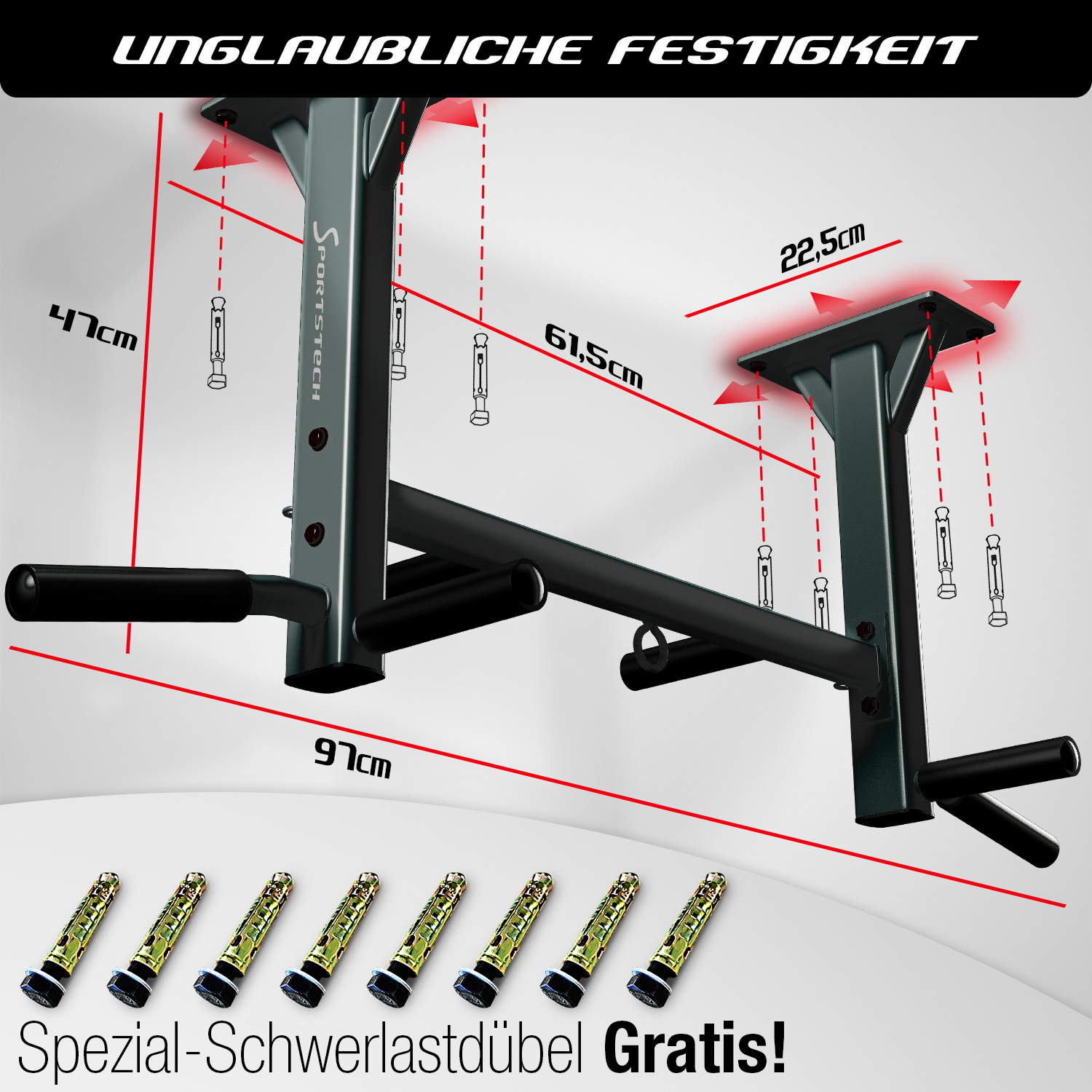 Eine Klimmzugstange ist an einer Wand montiert. Abmessungen sind mit roten Linien angegeben. Unten befinden sich mehrere Schrauben. Text oben.