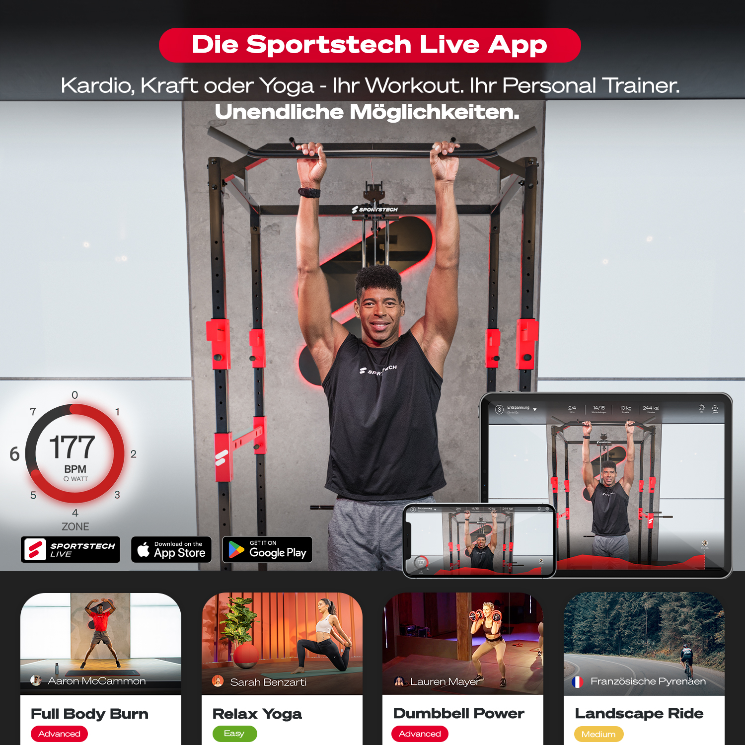 Mann trainiert an einer Klimmzugstange. Das Bild bewirbt die Sportstech Live App, die Workouts und Fitnessdaten zeigt.