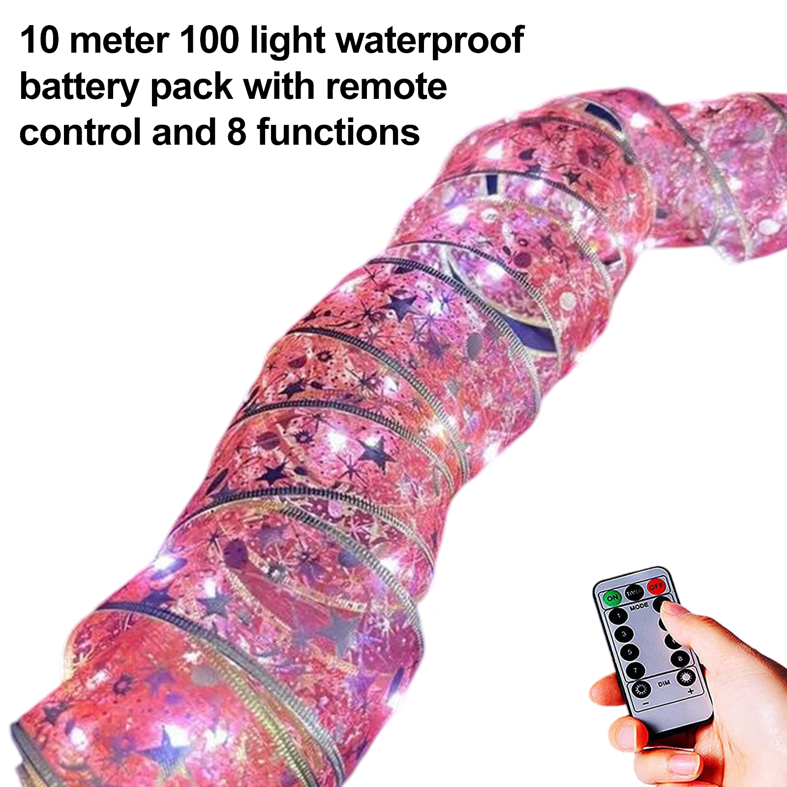 Pinke Lichterkette mit Fernbedienung. Sterne Muster. Hand hält die Fernbedienung.