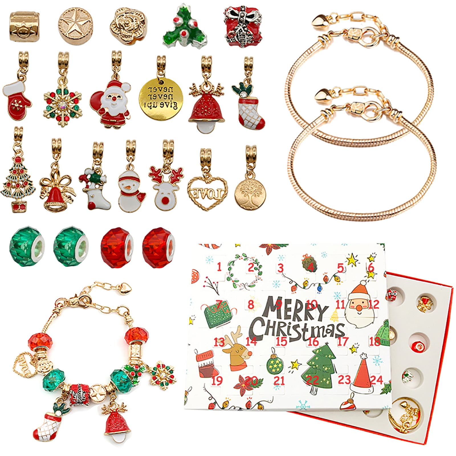 Eine Sammlung von Weihnachtsanhängern, Armbändern, Perlen und einem Adventskalender mit der Aufschrift 'Merry Christmas'.