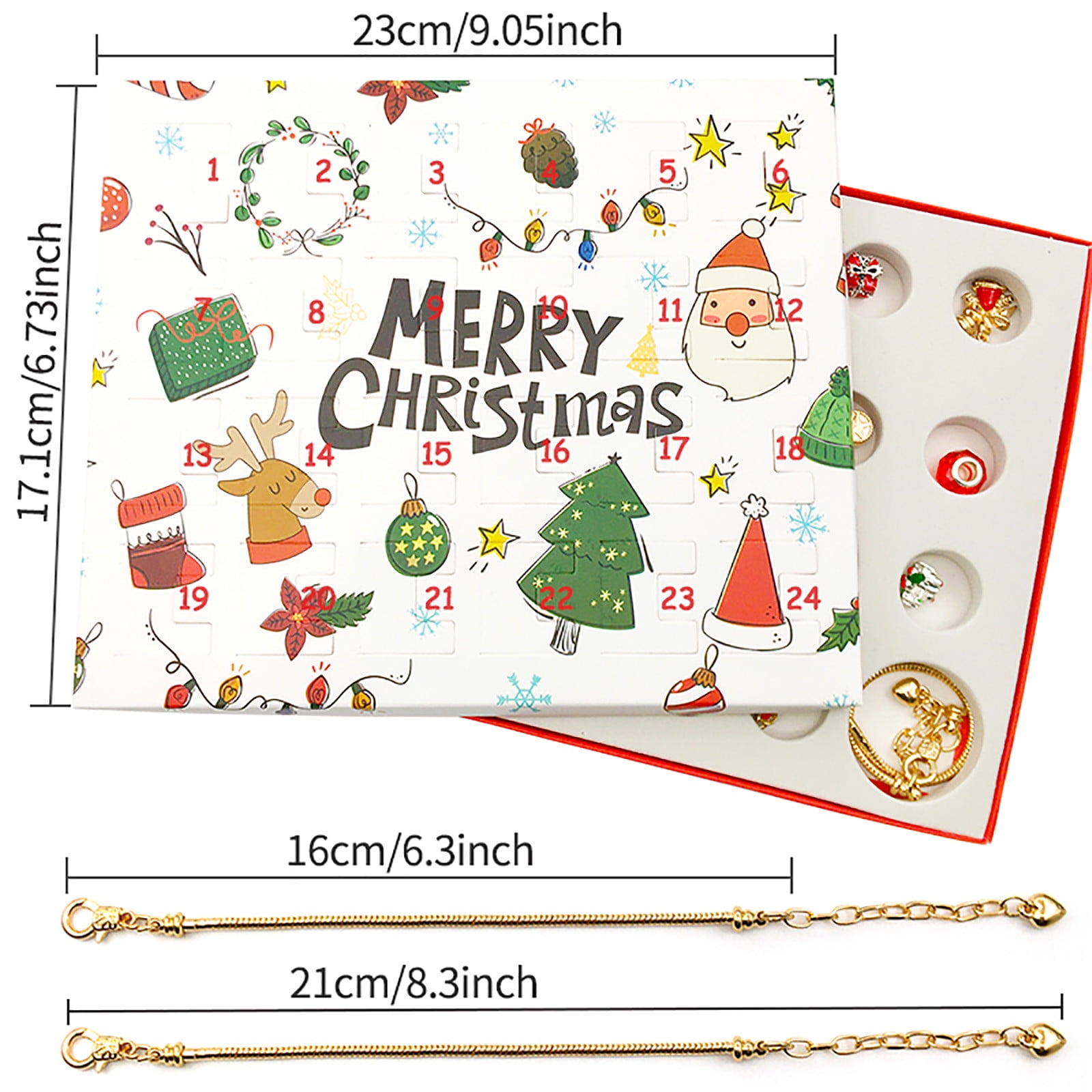 Adventskalender mit Weihnachtsschmuck und Schmuck. Enthält die Nummern 1-24, Weihnachtsbaum, Weihnachtsmann und goldene Halsketten.