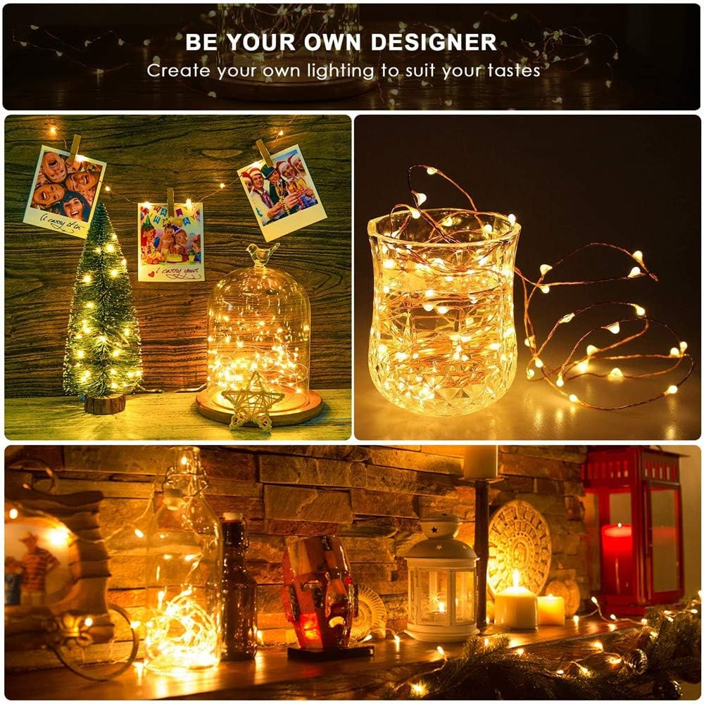 Das Bild zeigt Lichterketten in einem Glas, einen Weihnachtsbaum und Dekorationen. Text lautet: „Seien Sie Ihr eigener Designer, gestalten Sie Ihre eigene Beleuchtung“.