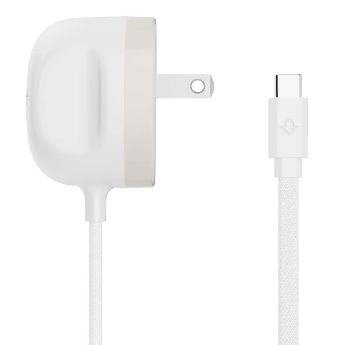 Ein weißes Telefonladegerät mit Stecker und USB-C-Kabel. Der Stecker ist links, das Kabel rechts.