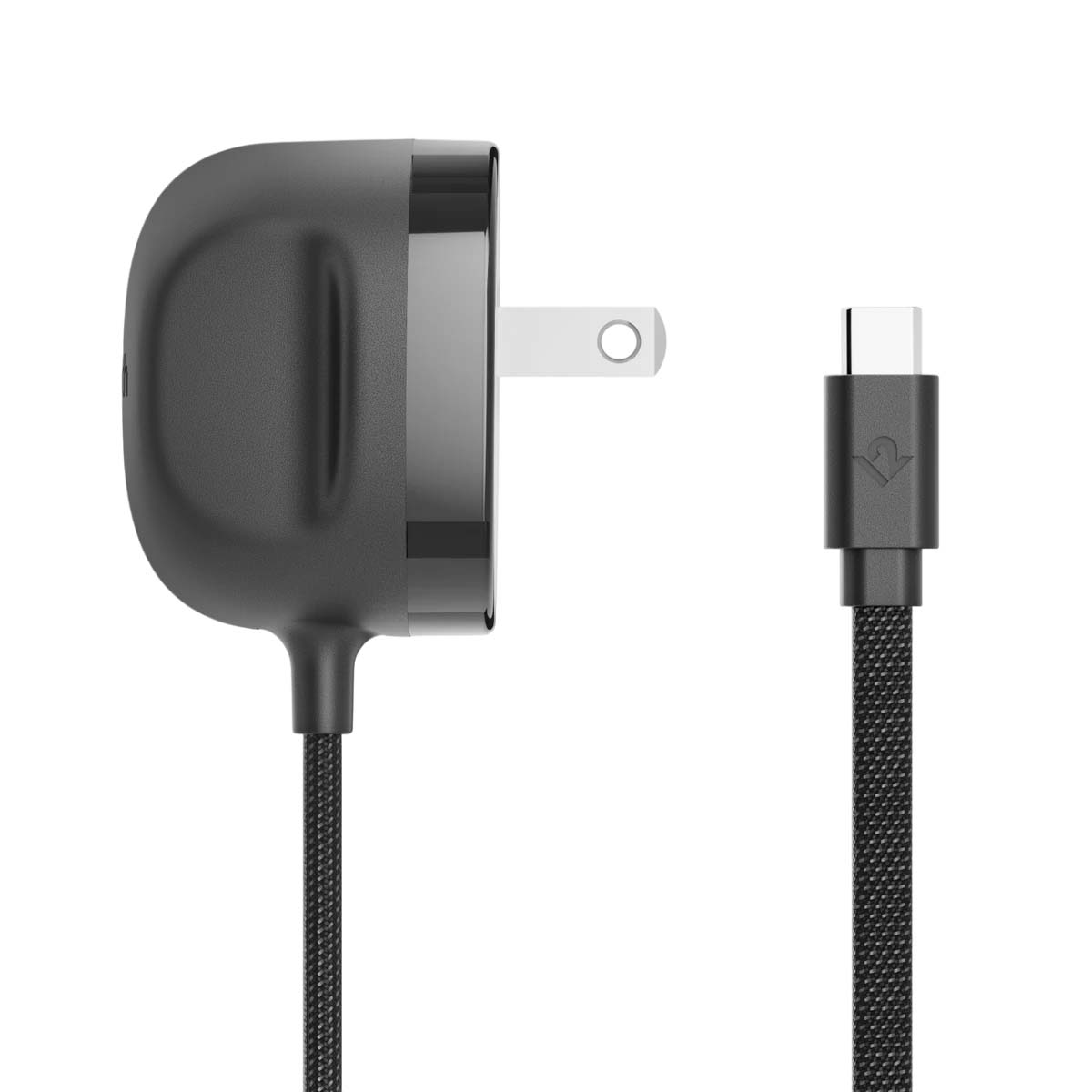 Dunkelgrauer Netzadapter mit Stecker und USB-C-Kabel auf weißem Hintergrund. Das Kabel hat eine strukturierte Oberfläche.