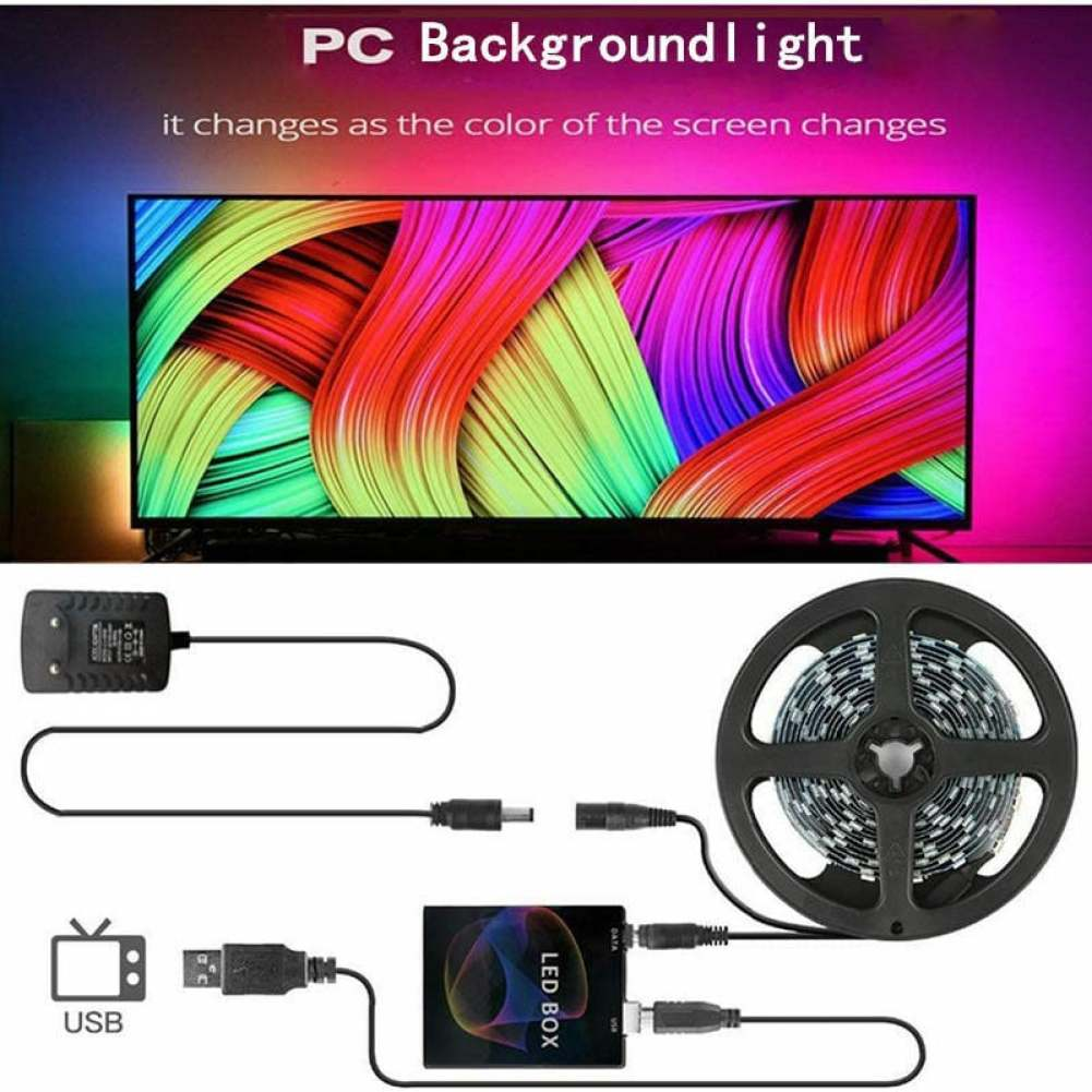 Das Bild zeigt einen Fernseher mit farbenfroher Anzeige, LED-Streifen, USB und LED-Box. Text: PC Hintergrundbeleuchtung, ändert sich mit dem Bildschirm.