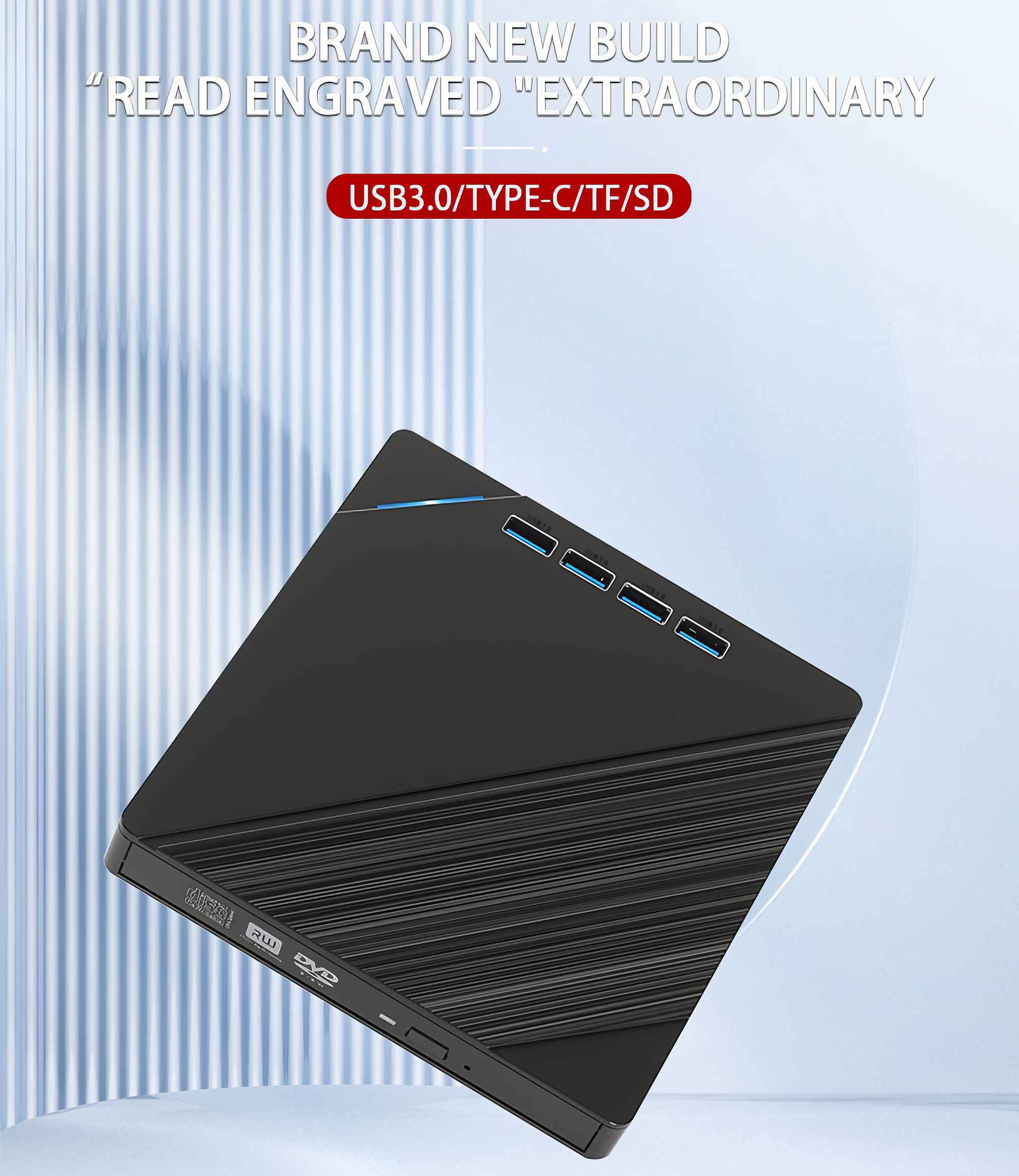 Ein schwarzes externes DVD-Laufwerk mit USB-Anschlüssen. Es hat eine geriffelte Oberfläche und Textüberlagerung.