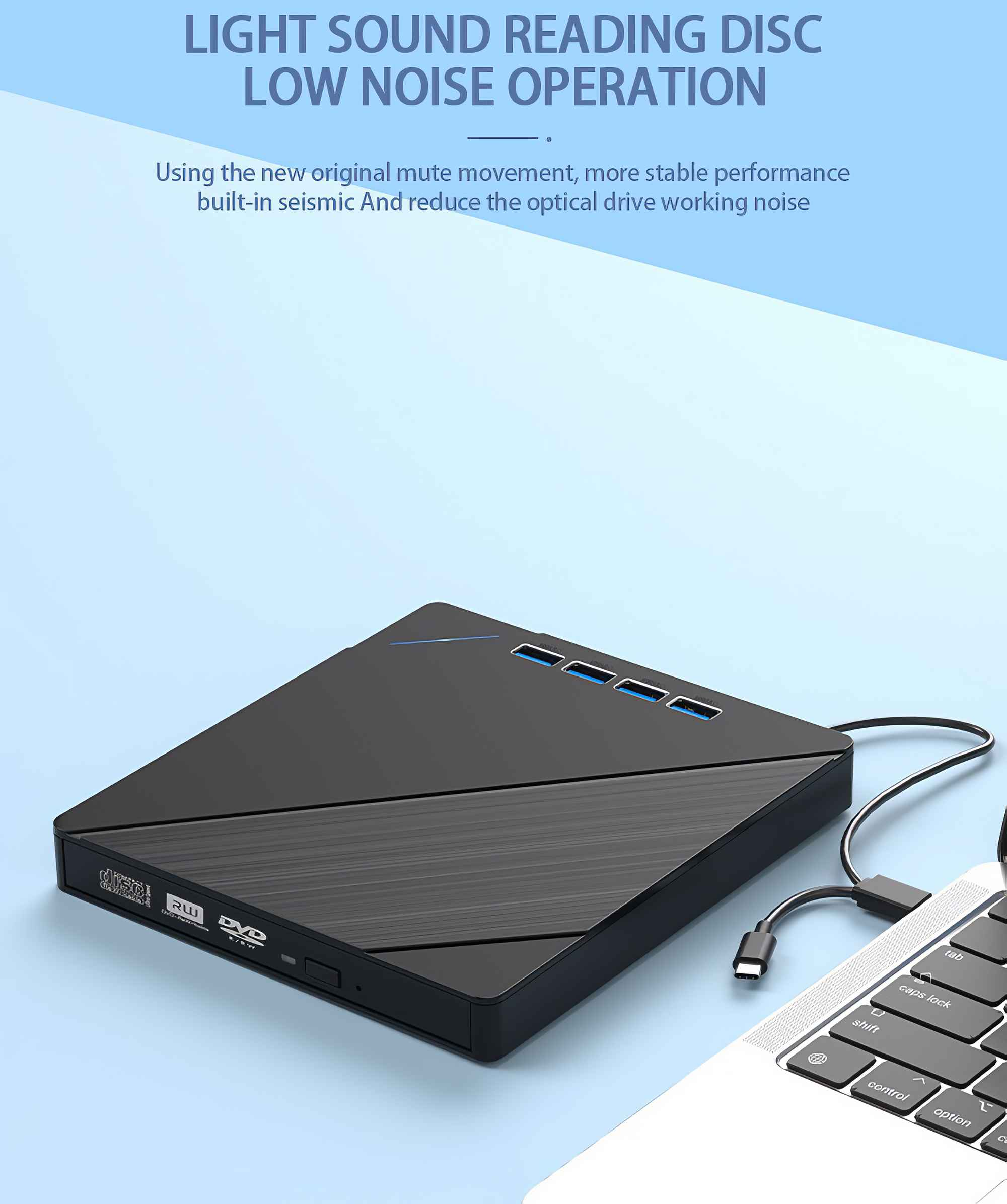 Schwarzes externes DVD-Laufwerk, das an einen Laptop angeschlossen ist. Das Laufwerk hat ein schlankes Design mit USB-Anschlüssen.