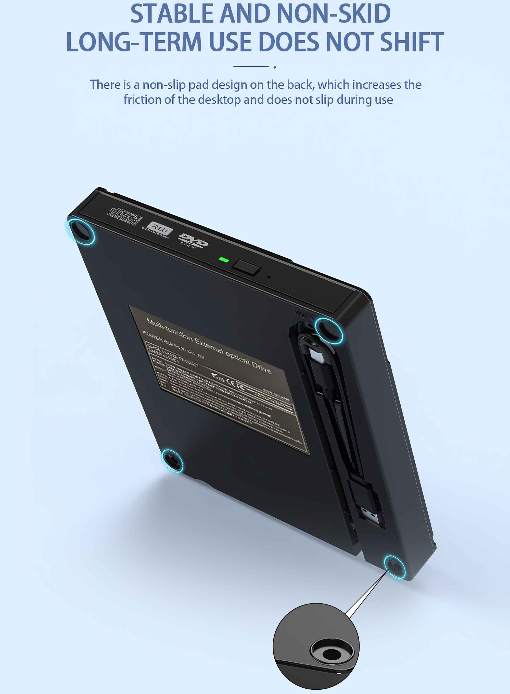 Schwarzes externes optisches Laufwerk mit rutschfestem Pad, Produktdetails sichtbar. Blauer Hintergrund.