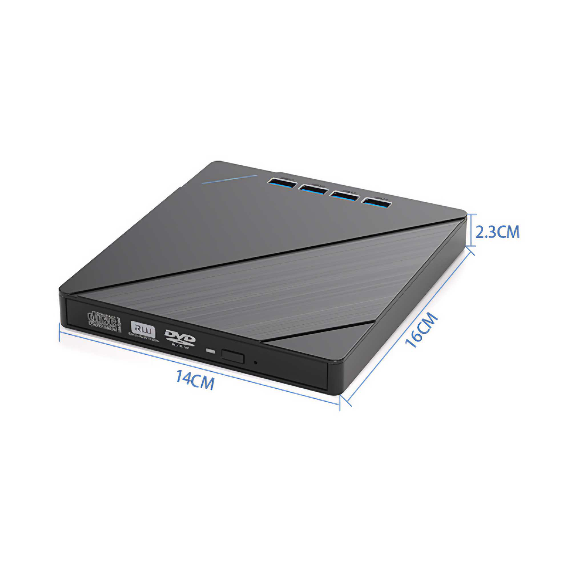 Eine schwarze externe DVD-Laufwerk wird gezeigt. Es hat USB-Anschlüsse und Abmessungen. Der Hintergrund ist weiß.