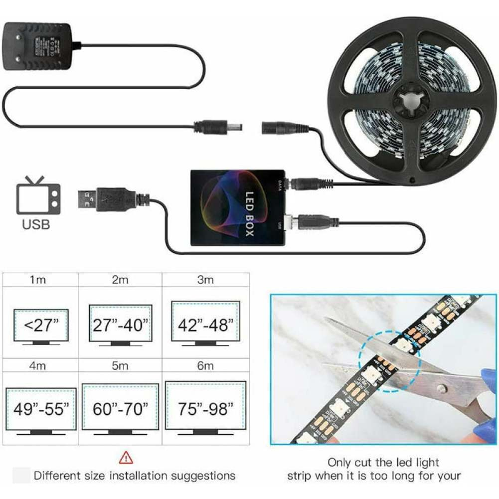 Das Bild zeigt LED-Streifen-Komponenten, darunter ein Netzteil, eine LED-Box und eine Rolle mit Lichtern. Es gibt auch Größenempfehlungen für Fernseher.
