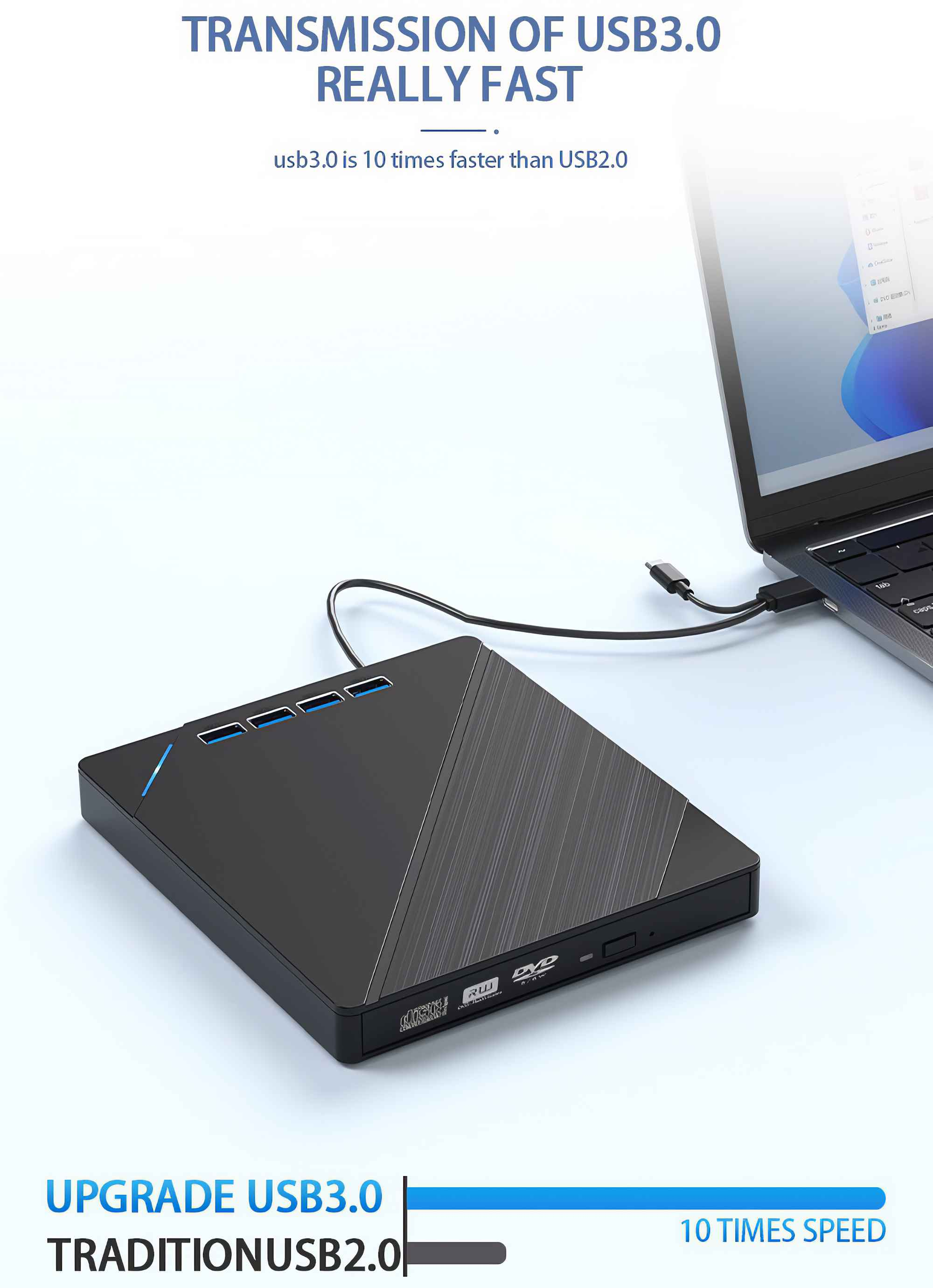 Ein schwarzes USB 3.0-Gerät, das mit einem Laptop verbunden ist. Text hebt die USB 3.0-Übertragungsgeschwindigkeit hervor.