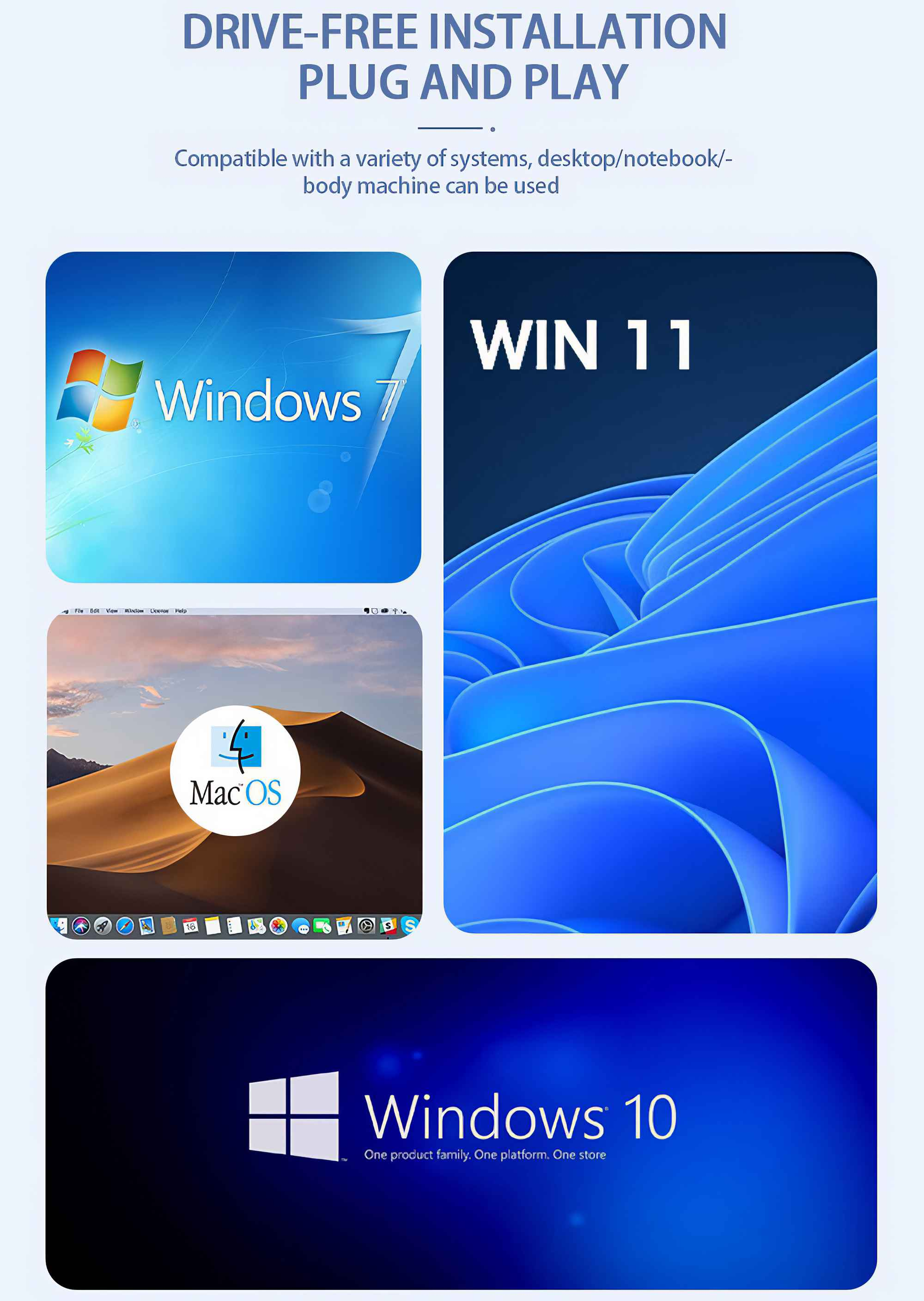 Das Bild zeigt Logos von Windows 7, Win 11, Mac OS und Windows 10, die Kompatibilität bewerben.