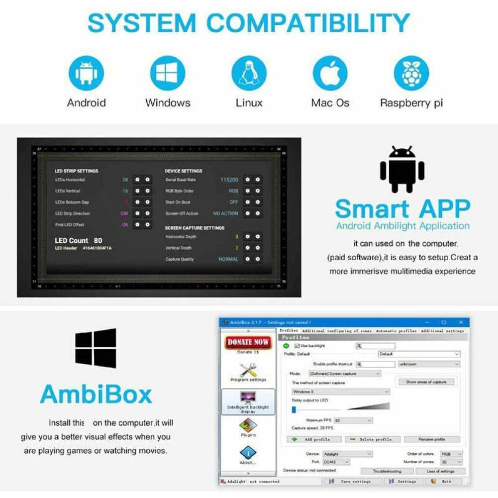 Das Bild zeigt die Systemkompatibilität mit Android, Windows, Linux, Mac OS und Raspberry Pi. Zeigt AmbiBox-Software-Details.