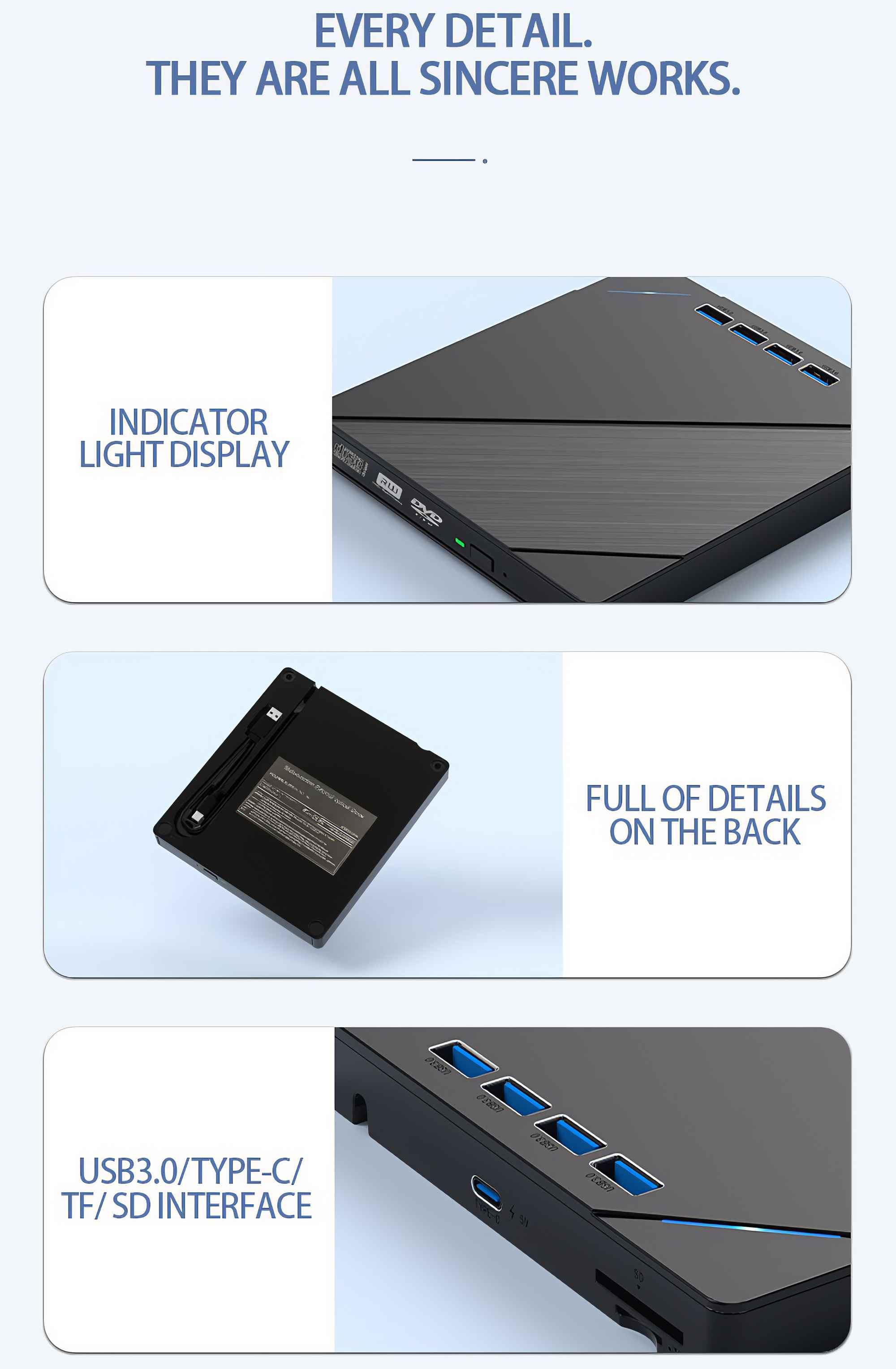 Schwarzes Gerät mit USB-Anschlüssen und SD-Kartensteckplatz. Text: Anzeige, Details, USB3.0/Typ-C.