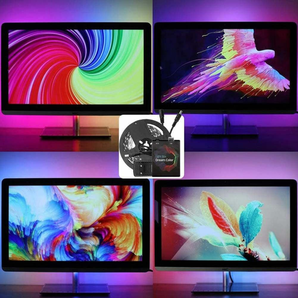 Vier Computermonitore zeigen bunte Muster. Ein zentrales Bild zeigt LED-Streifen, eine Steuerbox mit der Aufschrift 'Dream Color'.