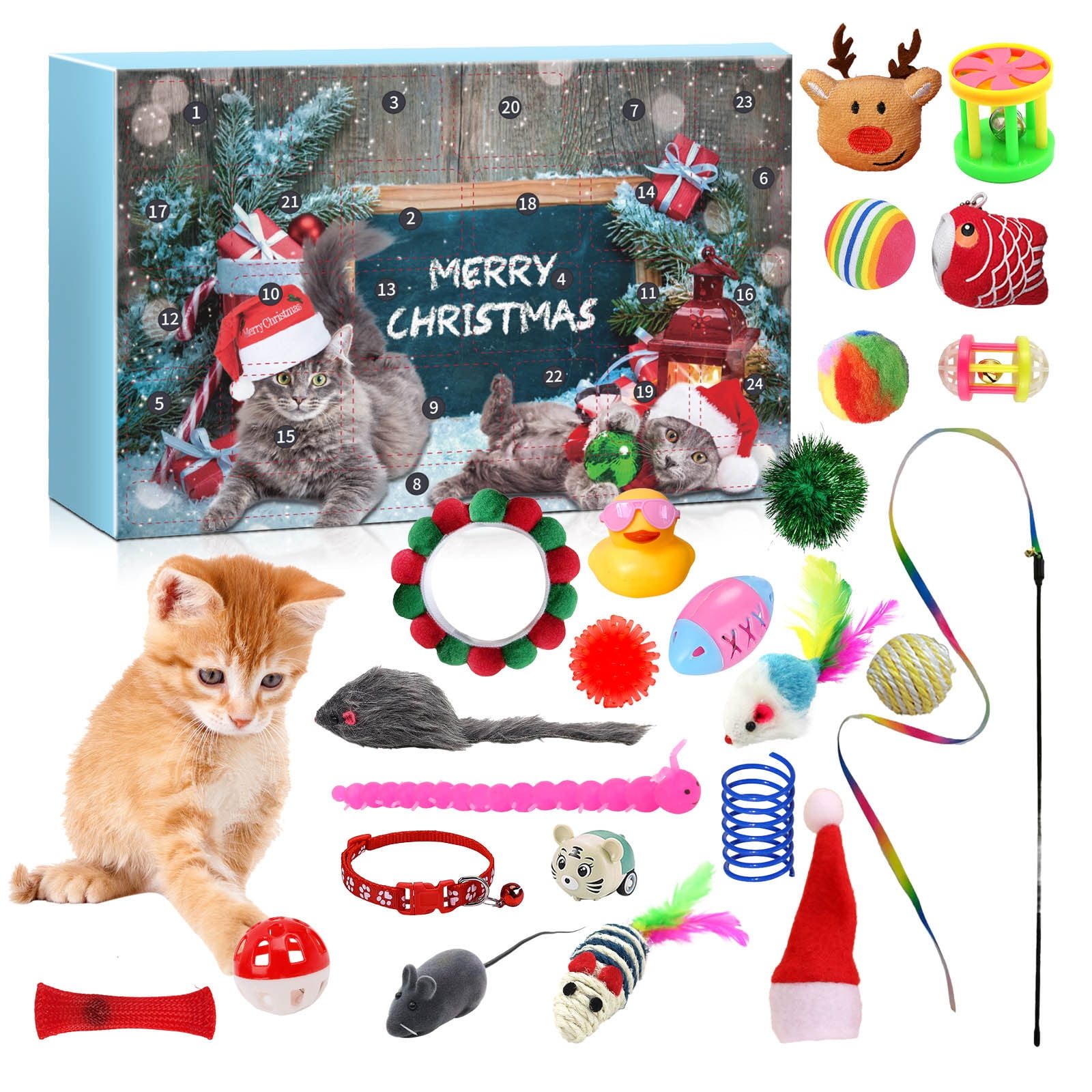 Adventskalender mit Katzen, Weihnachtsdeko und Spielzeug. Ein Kätzchen spielt mit einem Ball.