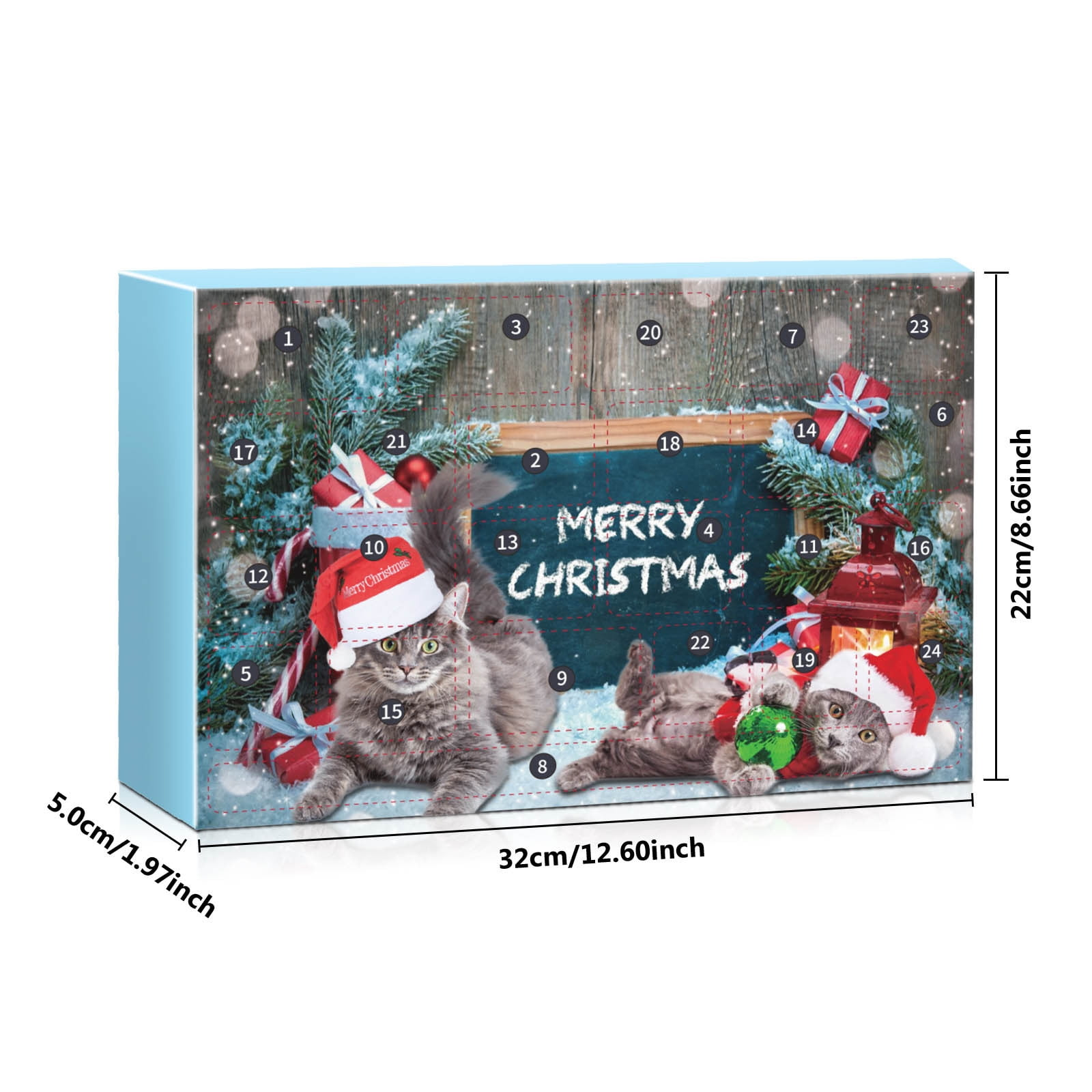 Ein Adventskalender mit Katzen, die Weihnachtsmützen tragen, umgeben von Dekorationen und den Worten Frohe Weihnachten.