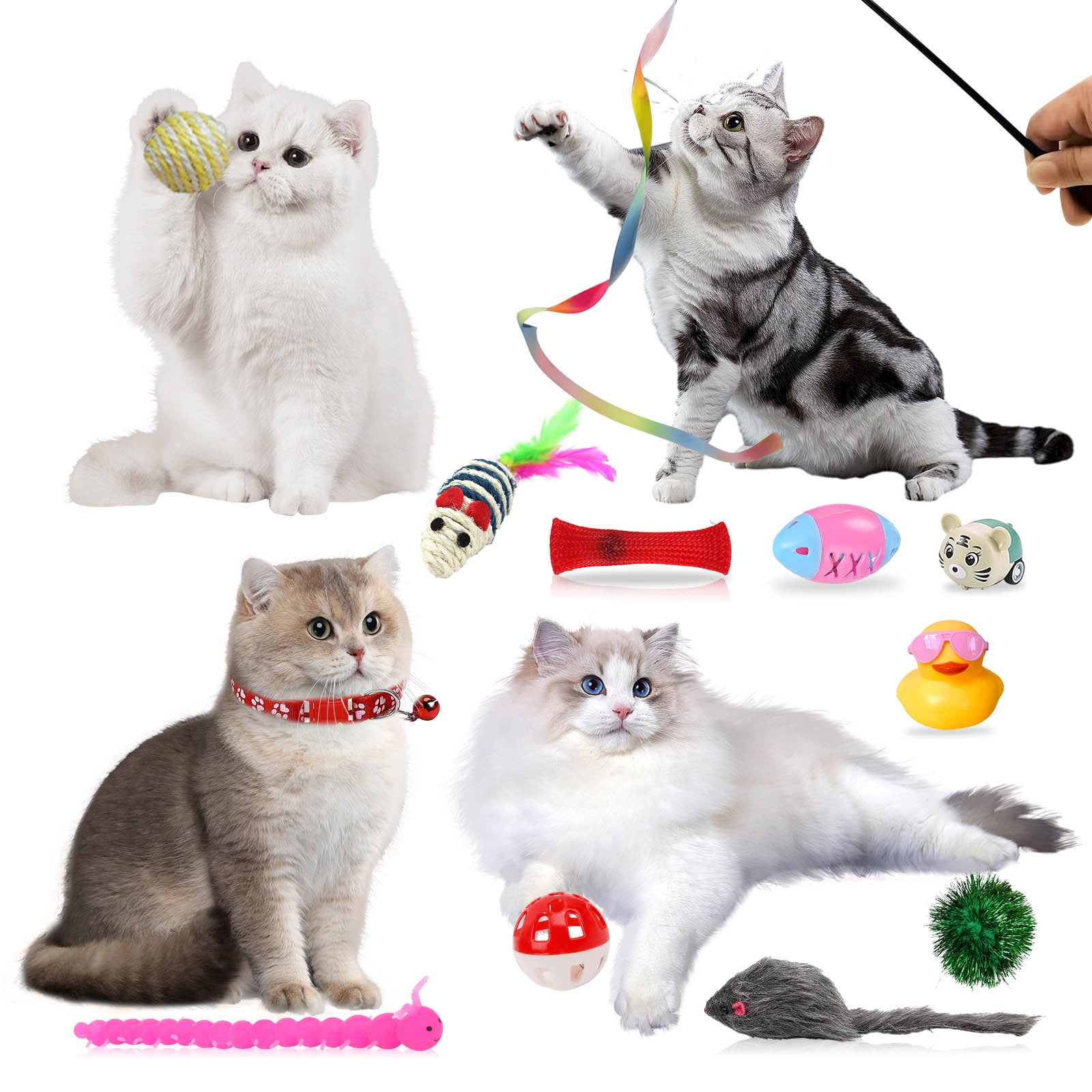 Vier Katzen mit Spielzeug. Weiße, graue und braune Katzen spielen mit Bällen, Bändern und einem Mausspielzeug auf weißem Grund.