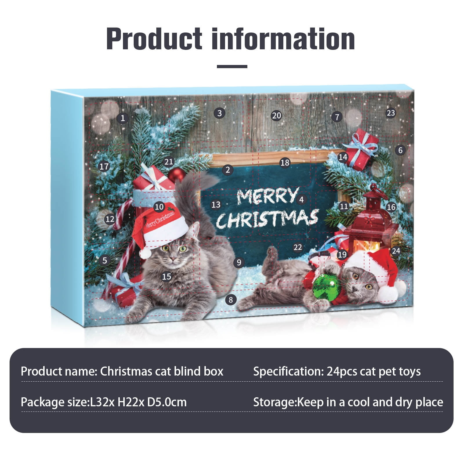 Adventskalender mit Katzen mit Weihnachtsmützen. Enthält den Text 'Merry Christmas'.