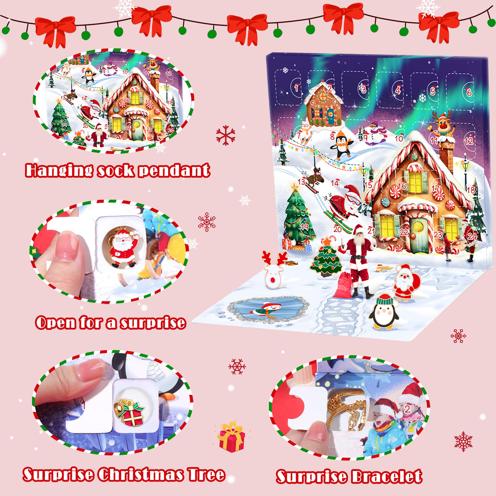 Weihnachtsadventskalender mit Geschenken und Überraschungen. Enthält Armband, Baum und Sockenanhänger.