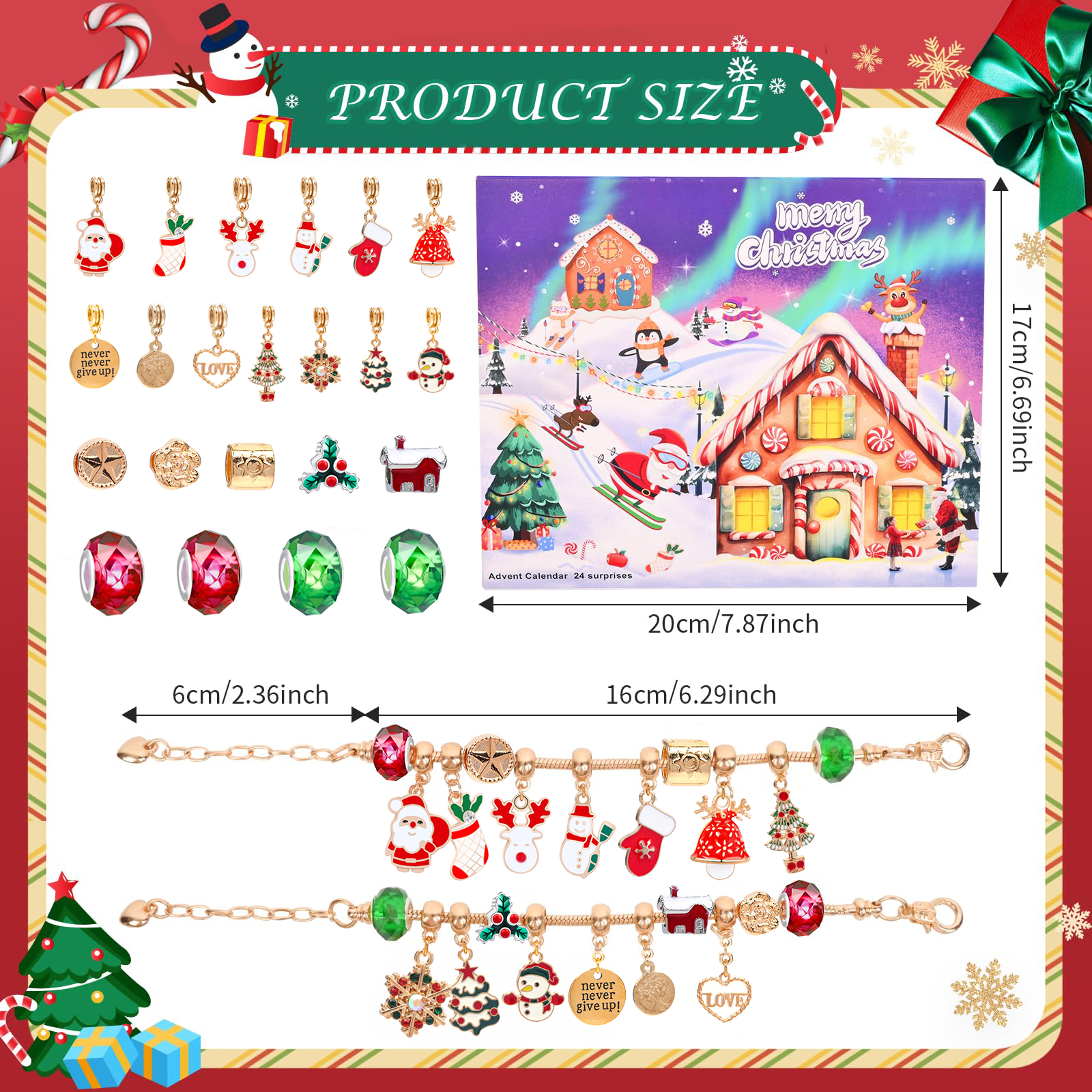 Weihnachtliches Schmuckset mit Charms, Armbändern und einer Adventskalender-Illustration mit Lebkuchenhaus und Weihnachtsmann.