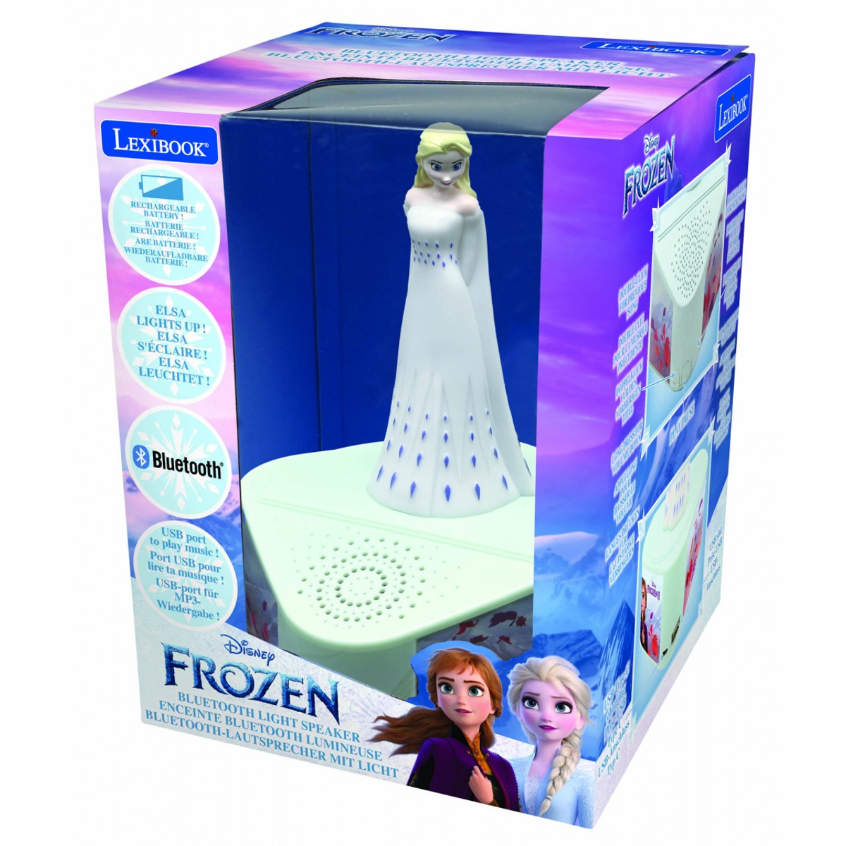 Un altoparlante Bluetooth Frozen con luce. Figura di Elsa sopra. La scatola mostra Elsa, Anna e le caratteristiche.
