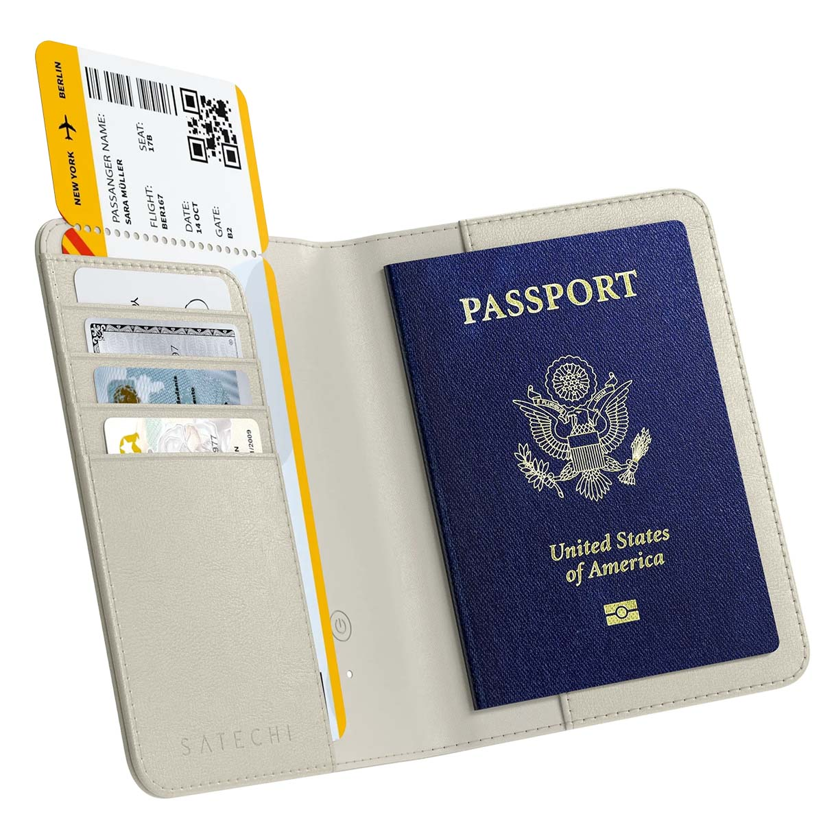 Un portapassaporto aperto con una carta d'imbarco e un passaporto statunitense. Il supporto è grigio chiaro, il passaporto è blu. Le carte sono visibili.